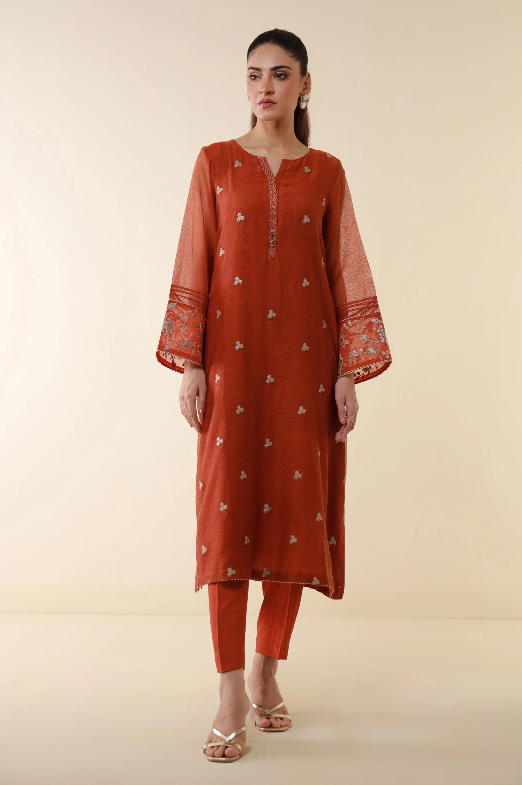 STITCHED EMBROIDERED KHADDI NET SHIRT (FACTORY E-OUTLET)