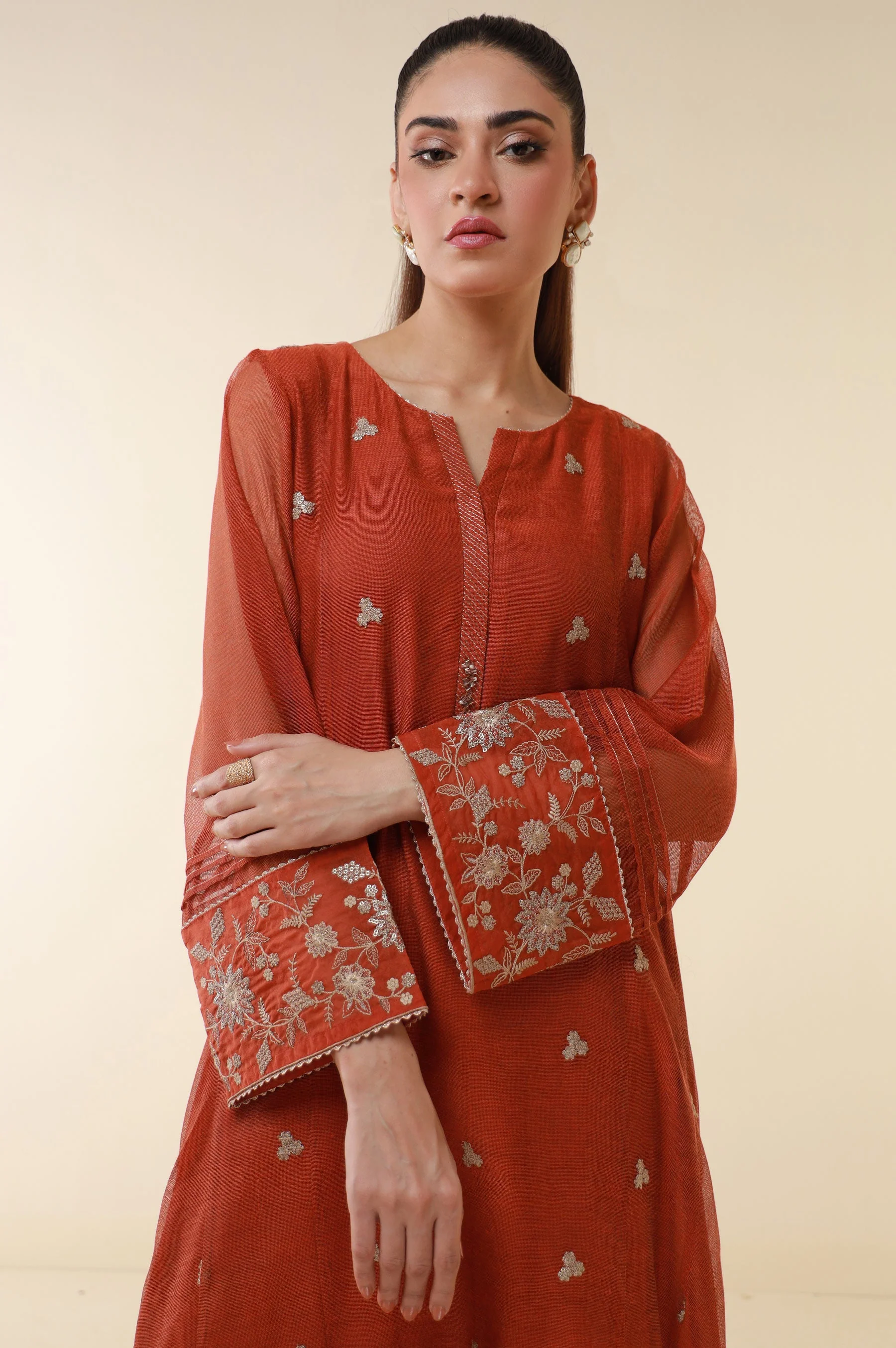 STITCHED EMBROIDERED KHADDI NET SHIRT (FACTORY E-OUTLET) - Image 2