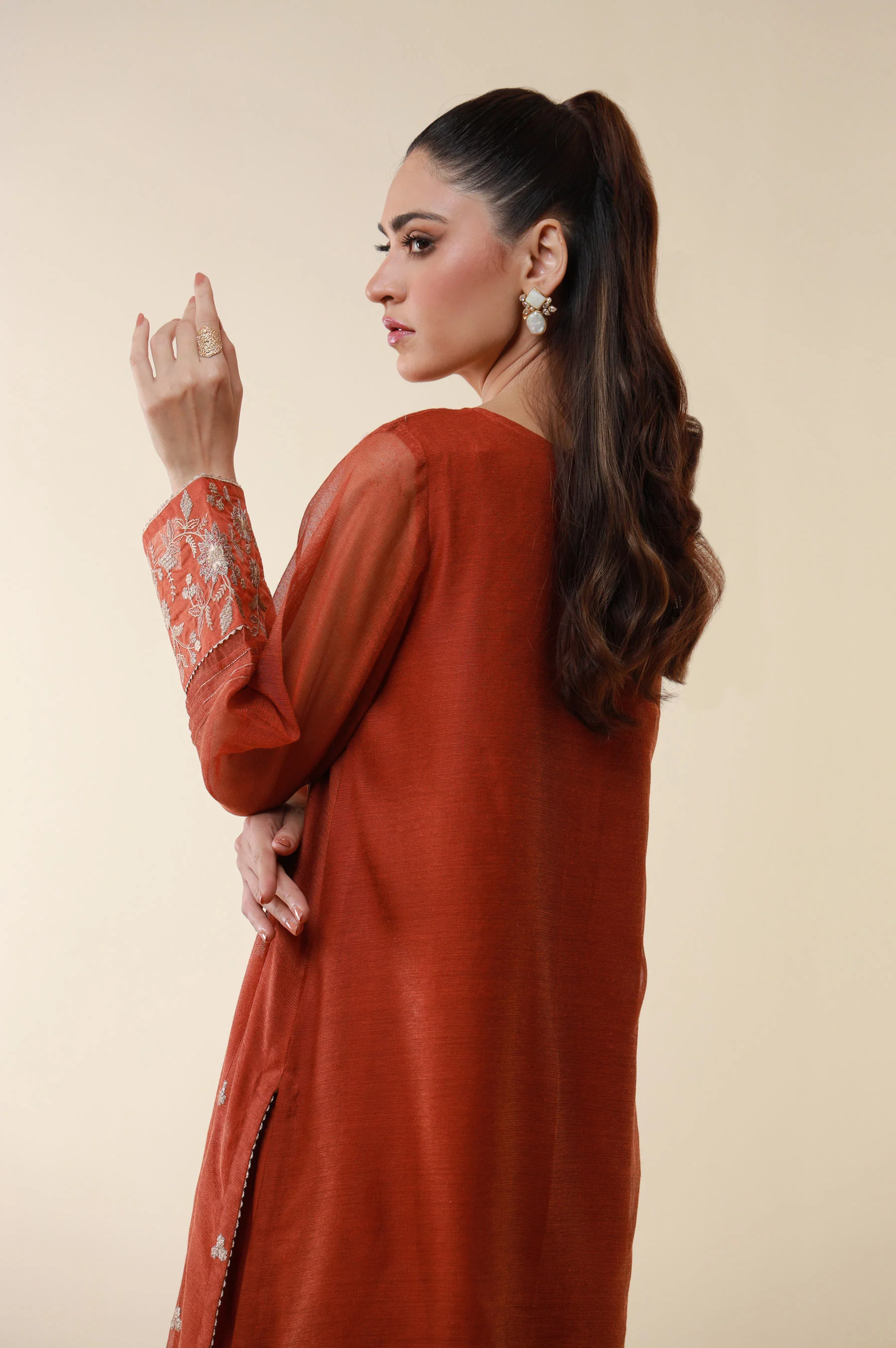 Stitched 1 Piece Embroidered Khaddi Net Shirt - Image 5