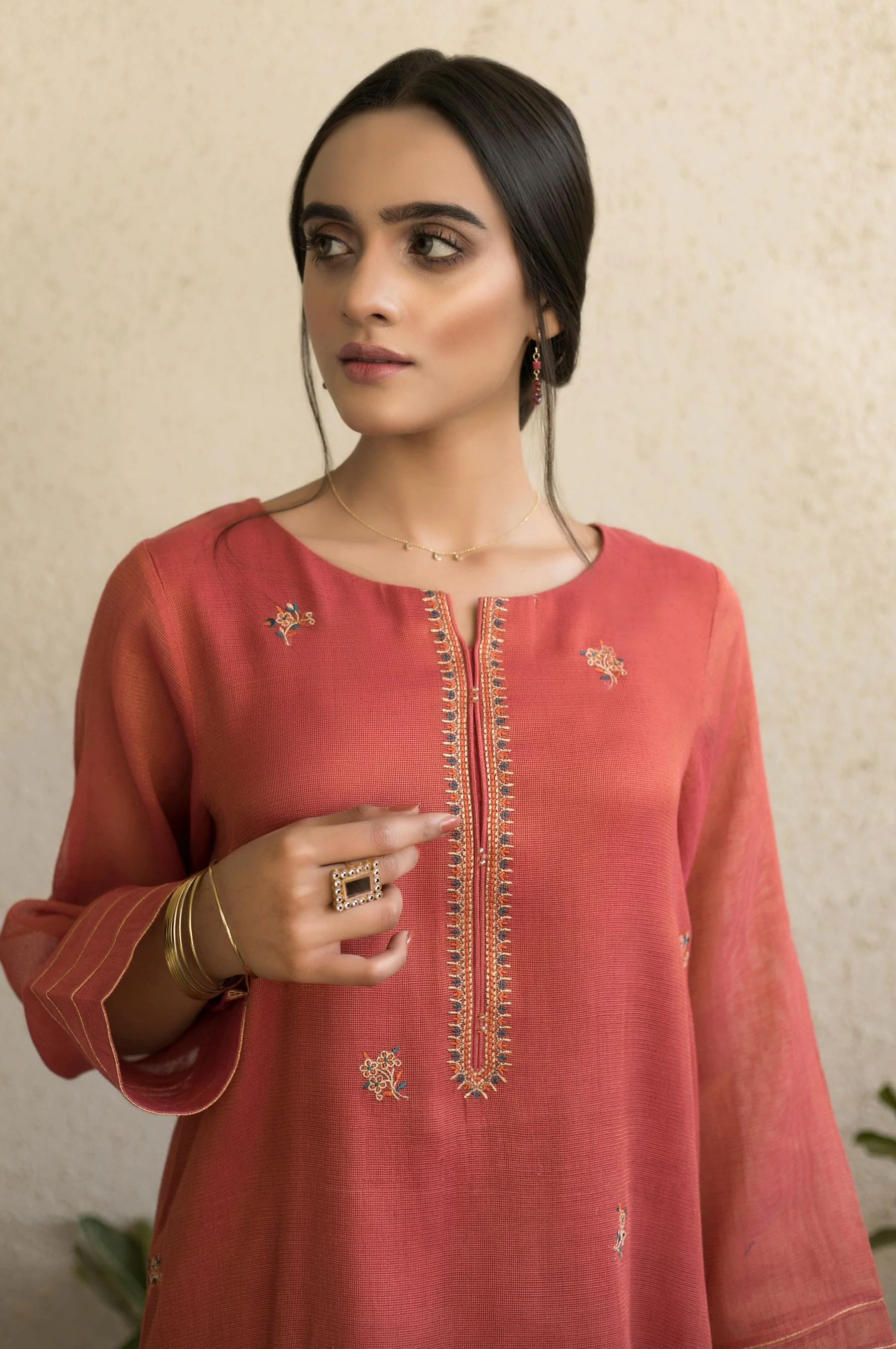 Stitched 1 Piece Embroidered Mysori Net Shirt - Image 3