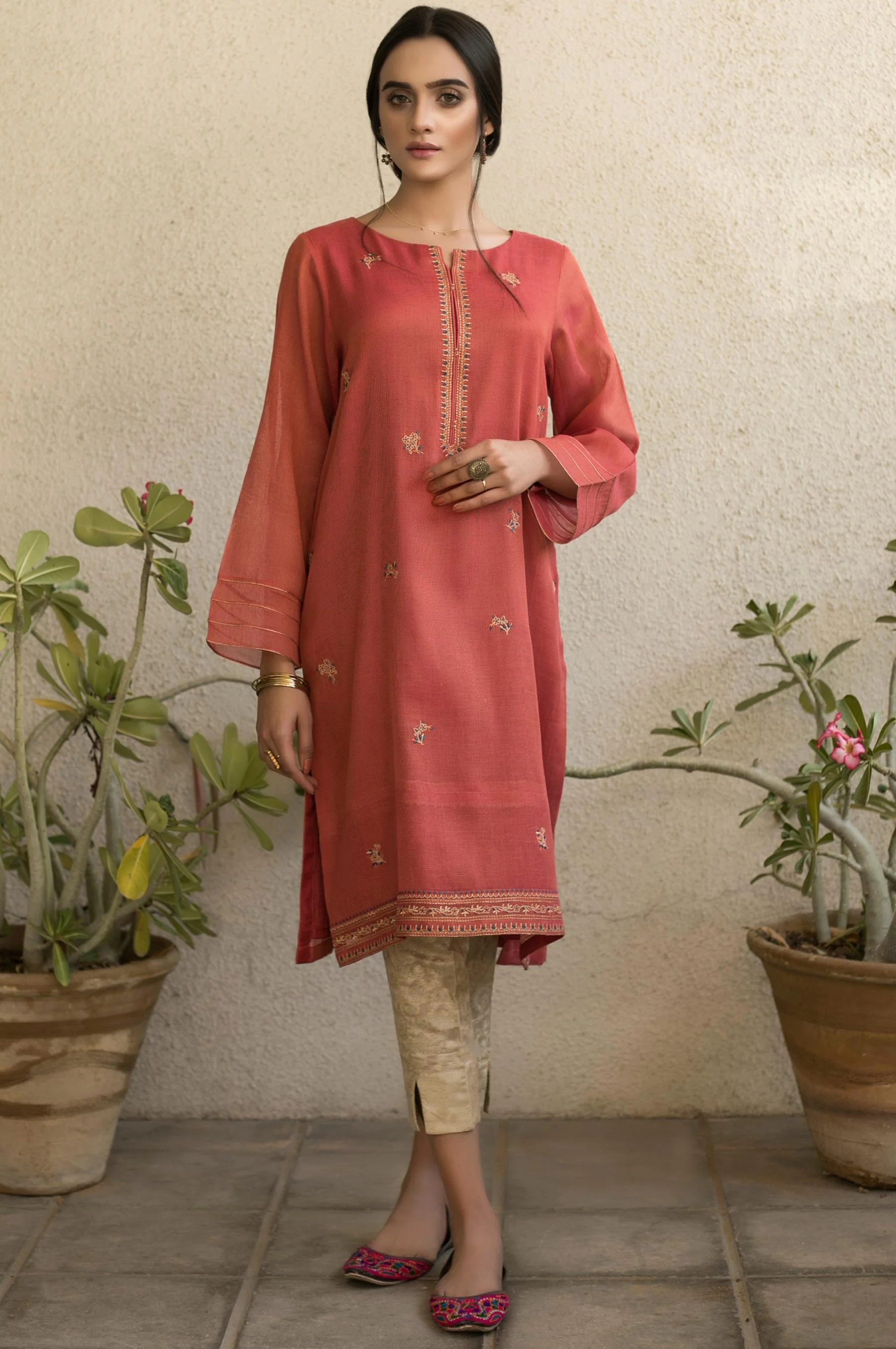 Stitched 1 Piece Embroidered Mysori Net Shirt - Image 4