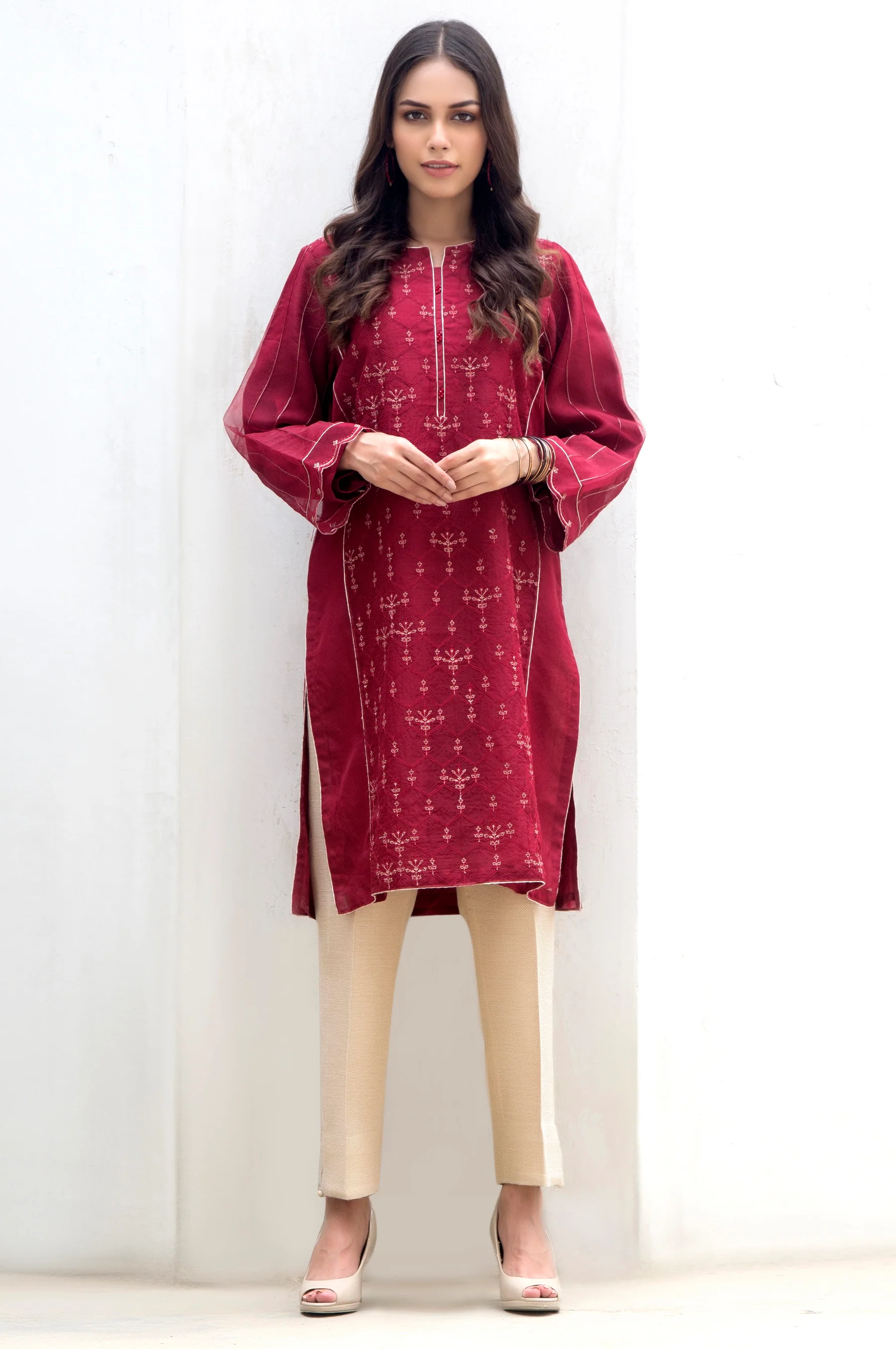 Stitched 1 Piece Embroidered Organza Shirt