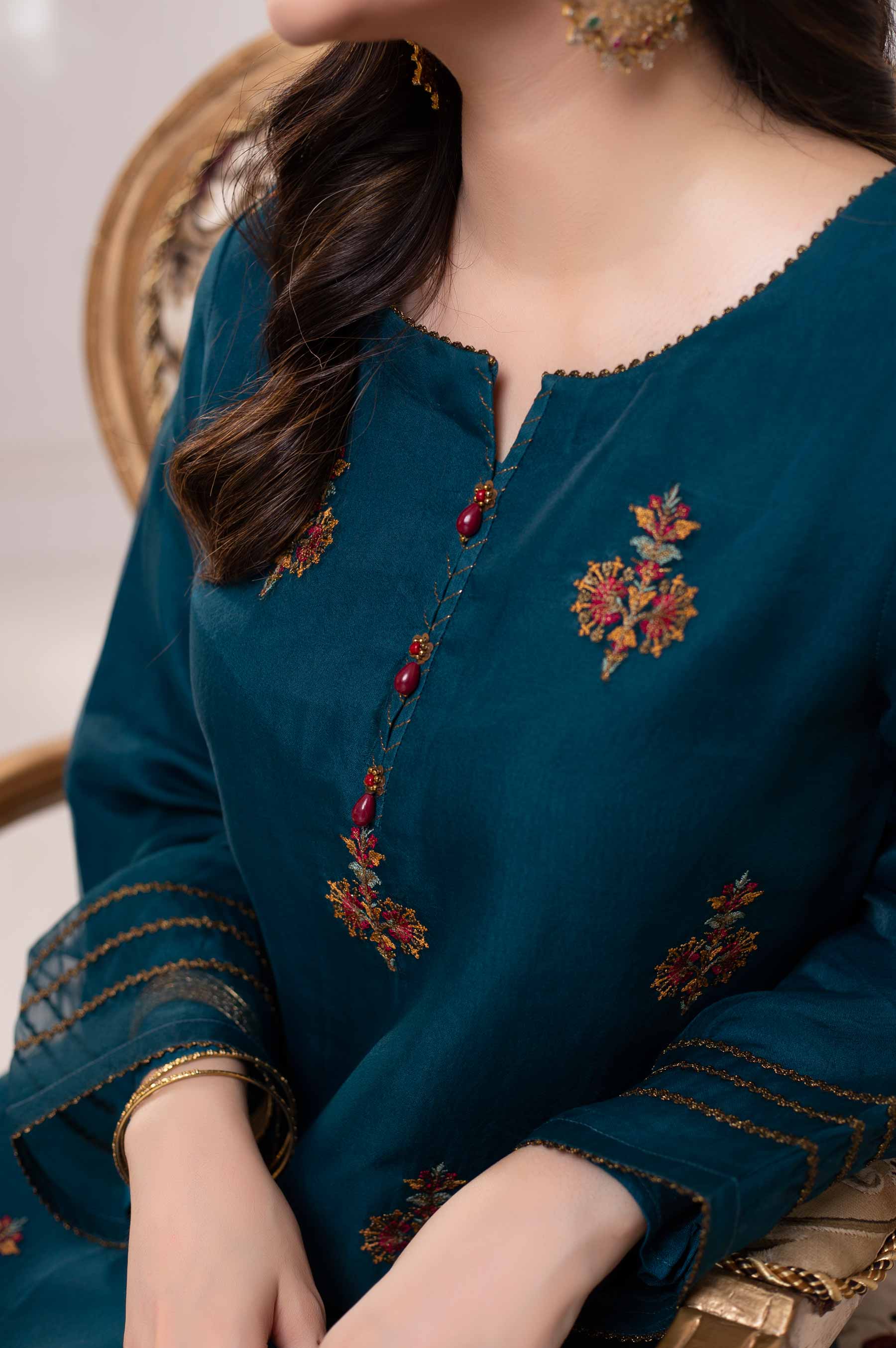 Stitched 1 Piece Embroidered Organza Shirt - Image 5