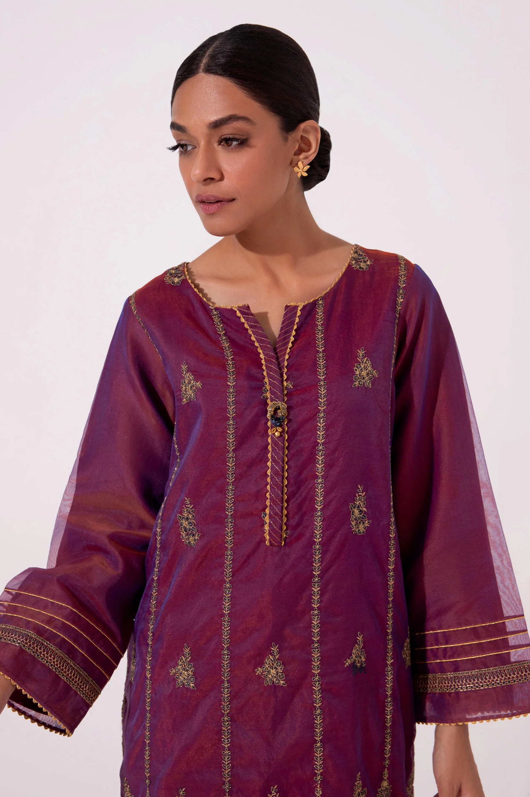 Stitched 1 Piece Embroidered Organza Shirt - Image 3