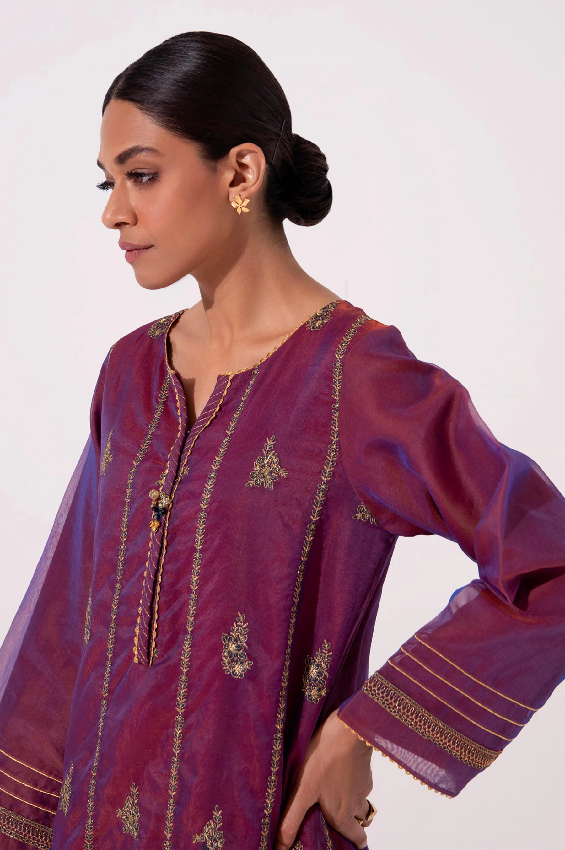 Stitched 1 Piece Embroidered Organza Shirt - Image 5