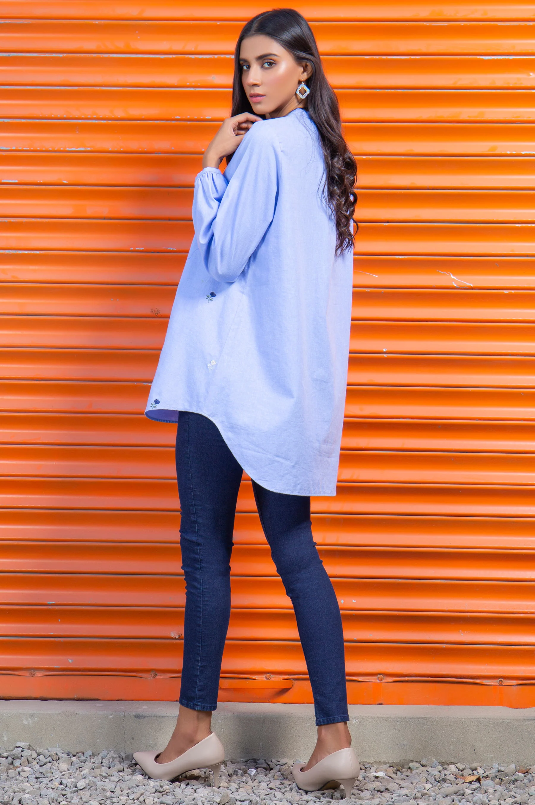 Stitched 1 Piece Embroidered Chambray Shirt - Image 2