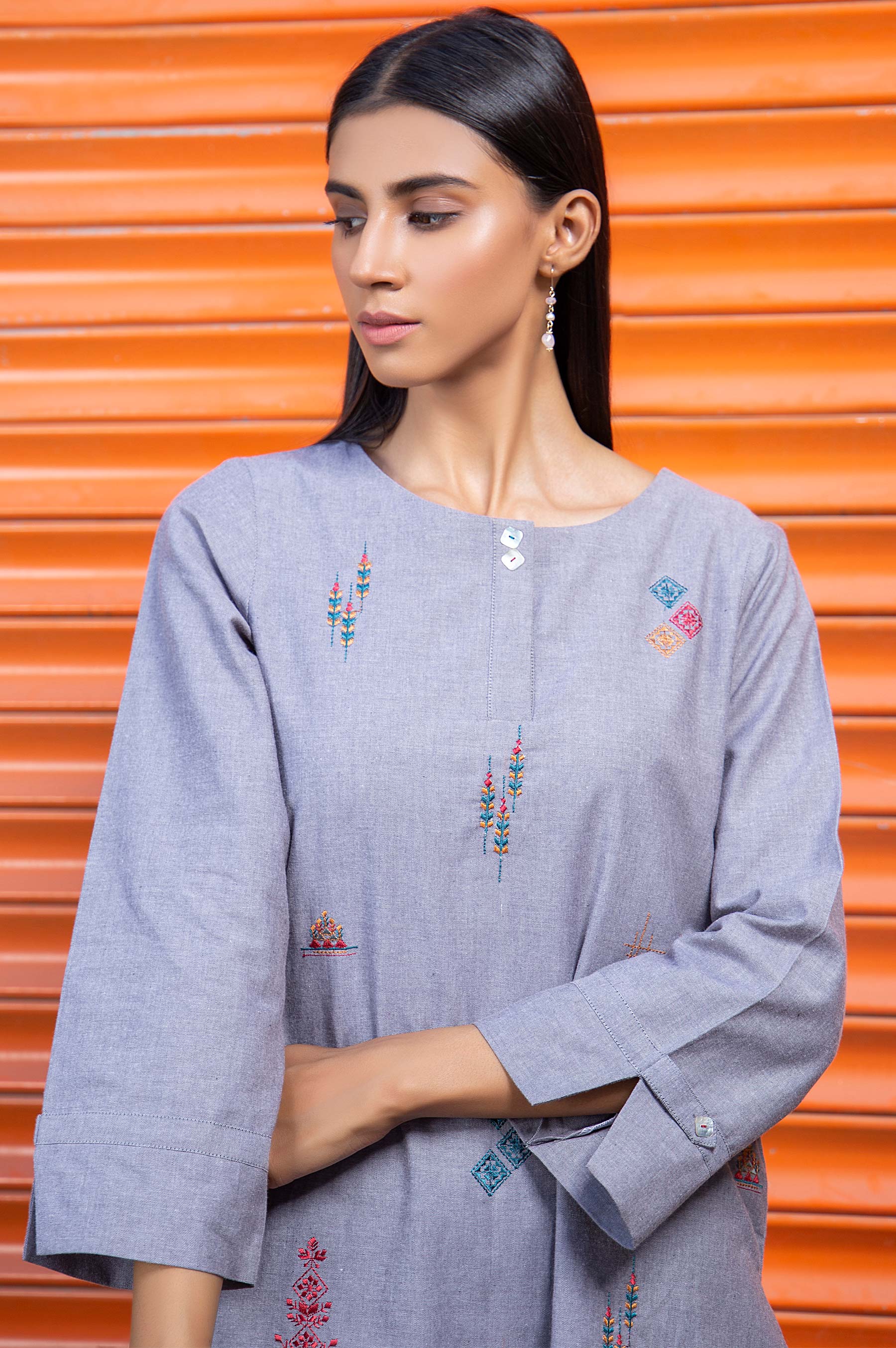 Stitched 1 Piece Embroidered Chambray Shirt - Image 3