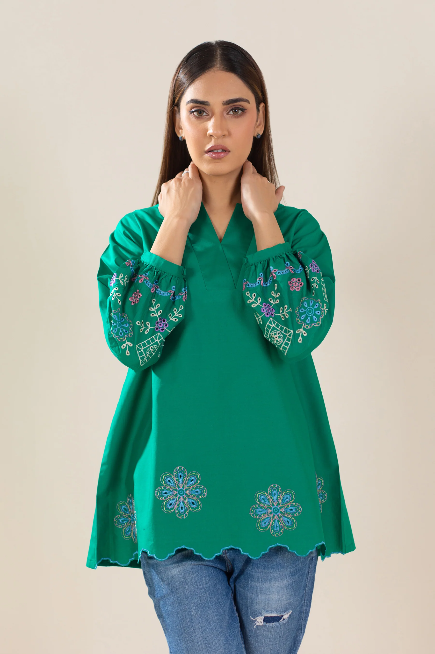 Stitched 1 Piece Embroidered Tencel Top - Image 3