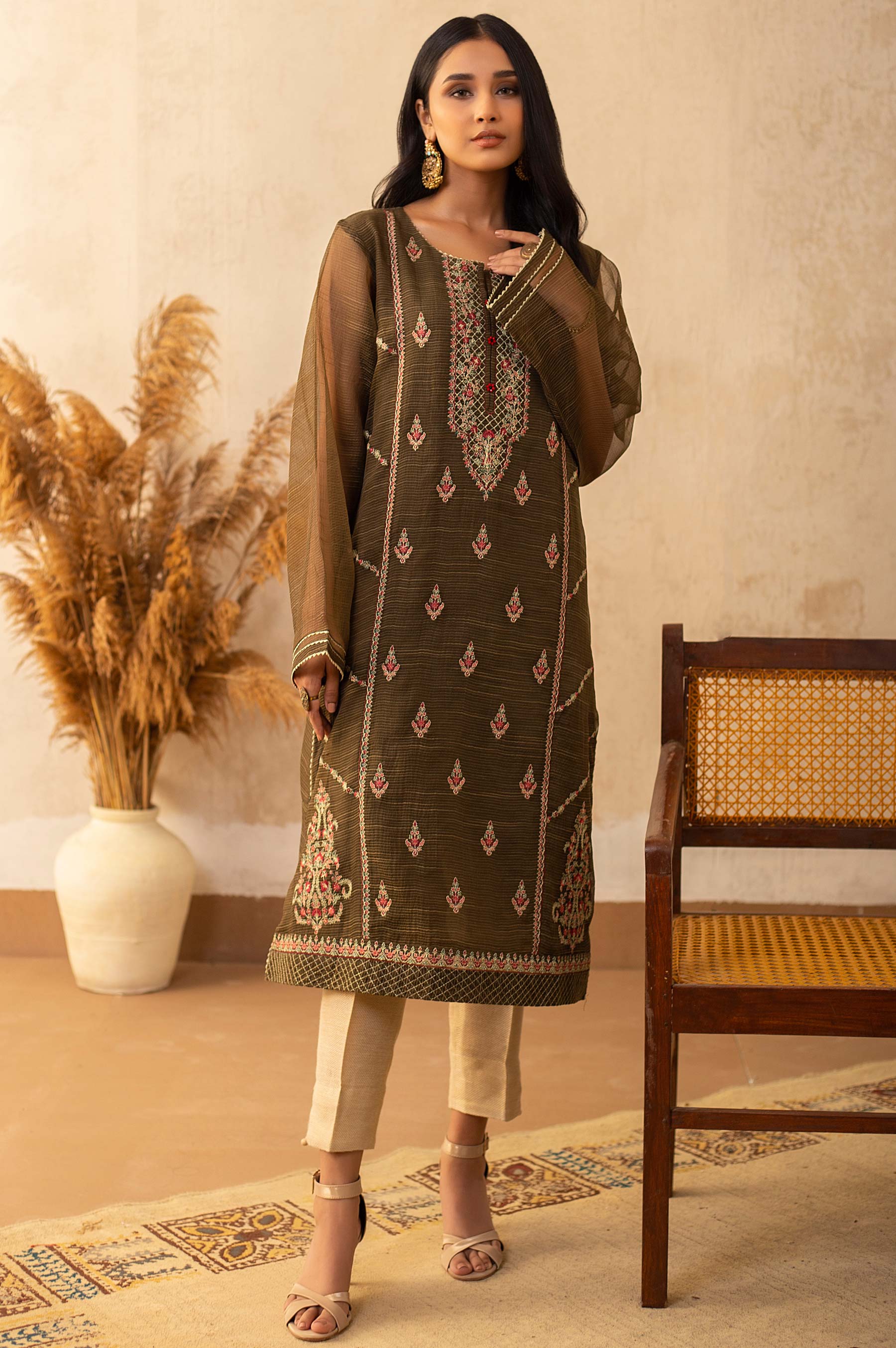 Stitched 1 Piece Textured Organza Embroidered Shirt - Image 2