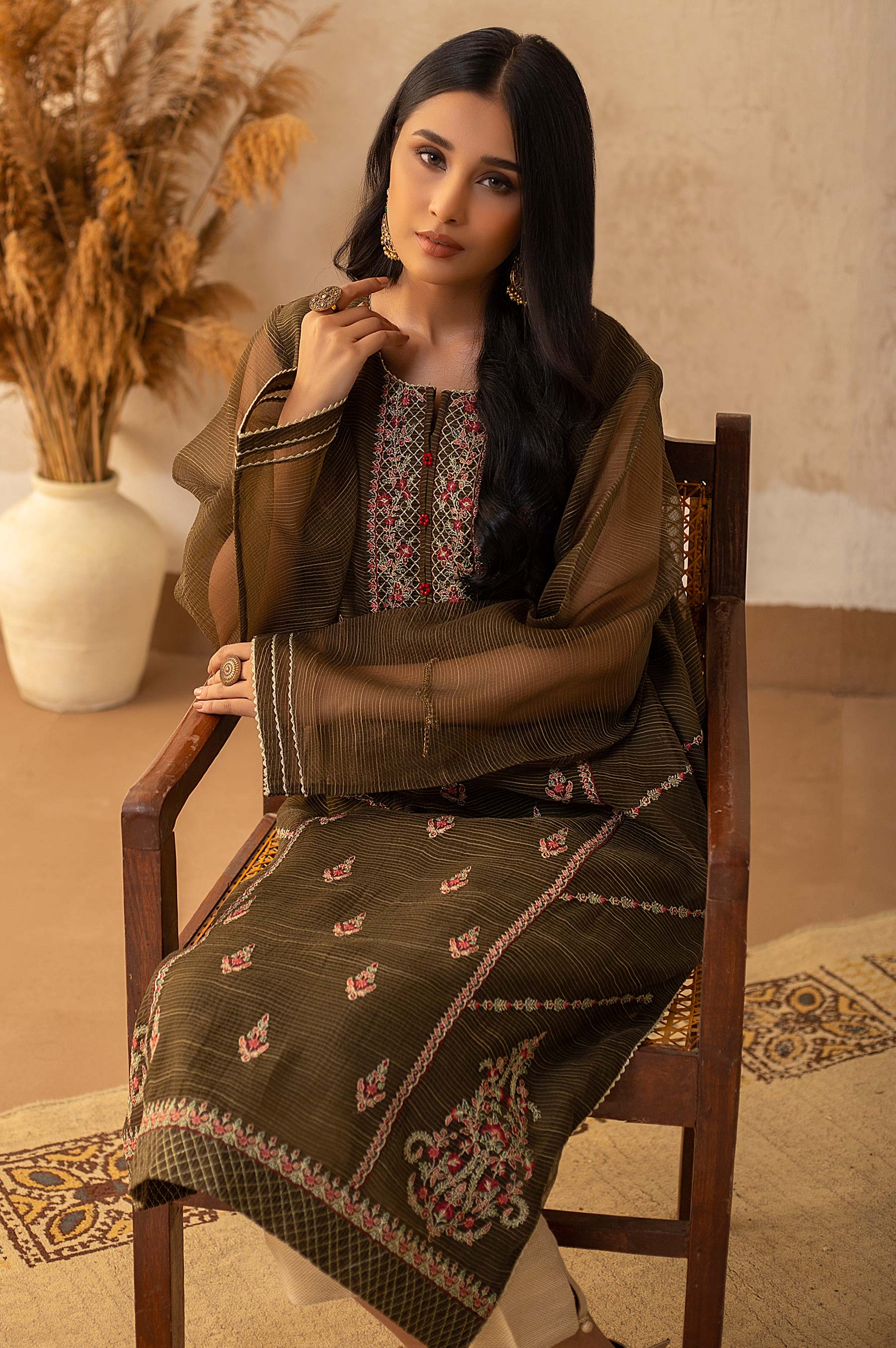 Stitched 1 Piece Textured Organza Embroidered Shirt - Image 5