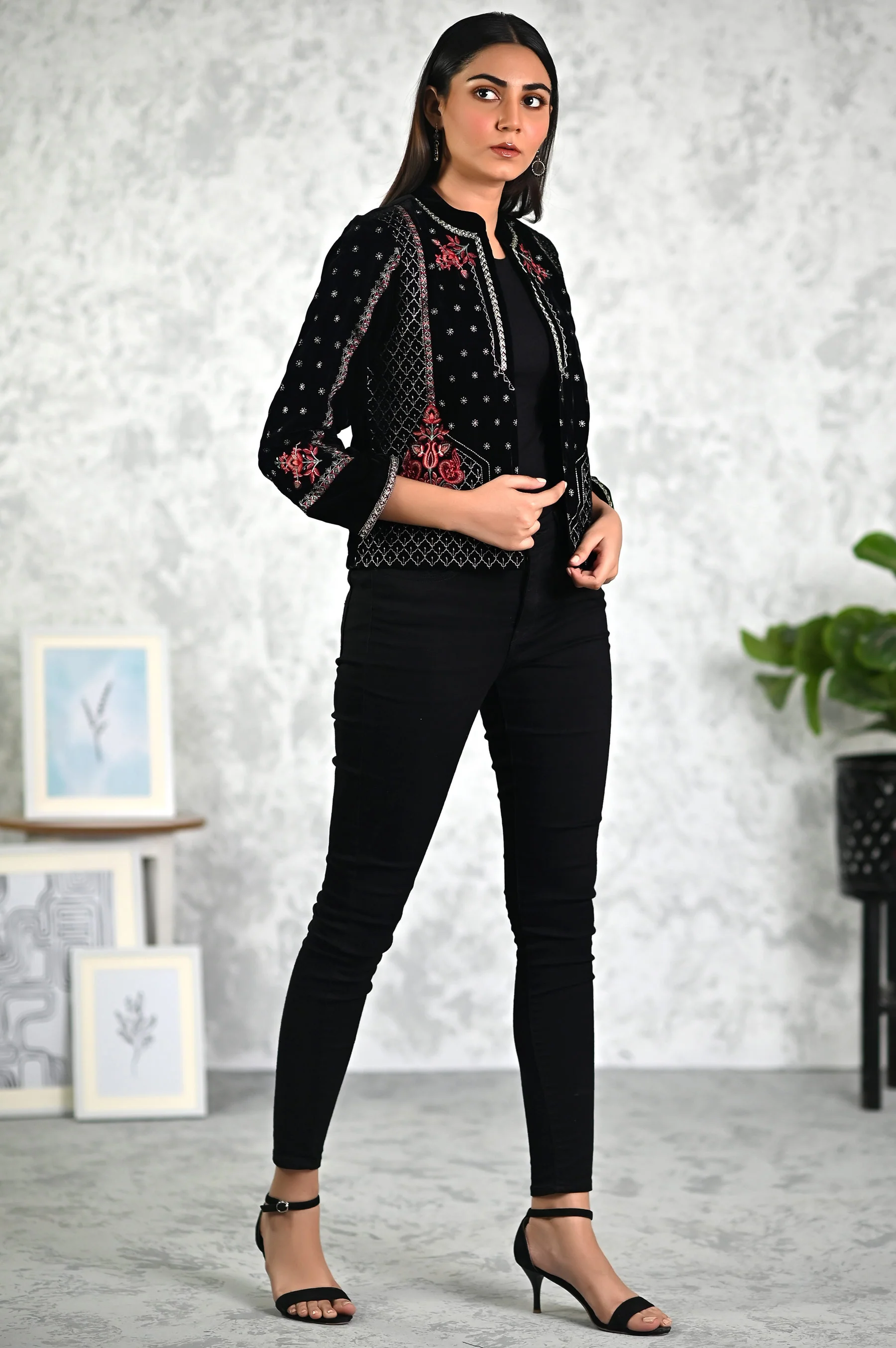 Stitched 1 Piece Embroidered Short Velvet Jacket - Image 2