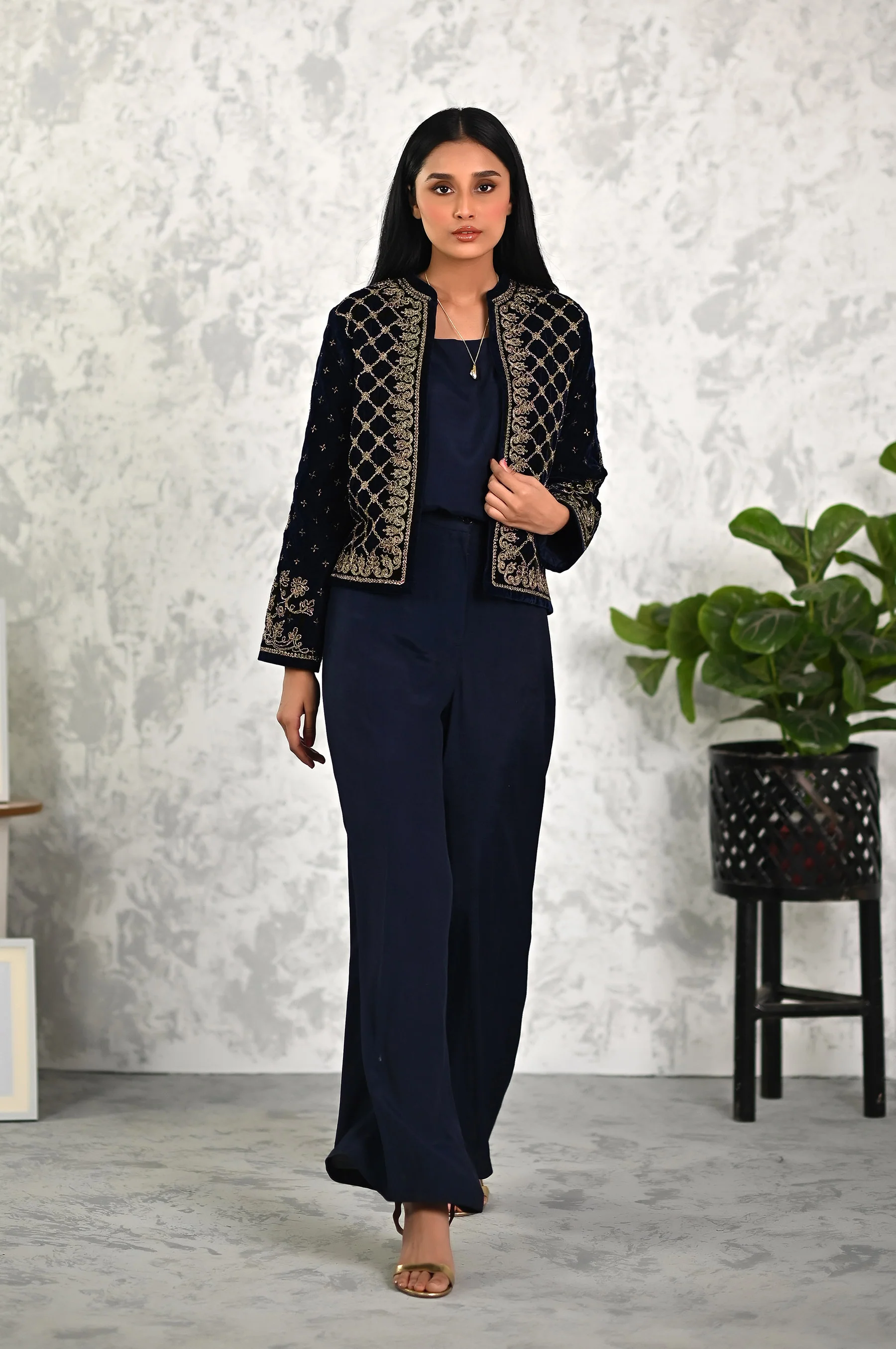 Stitched 1 Piece Embroidered Short Velvet Jacket - Image 3
