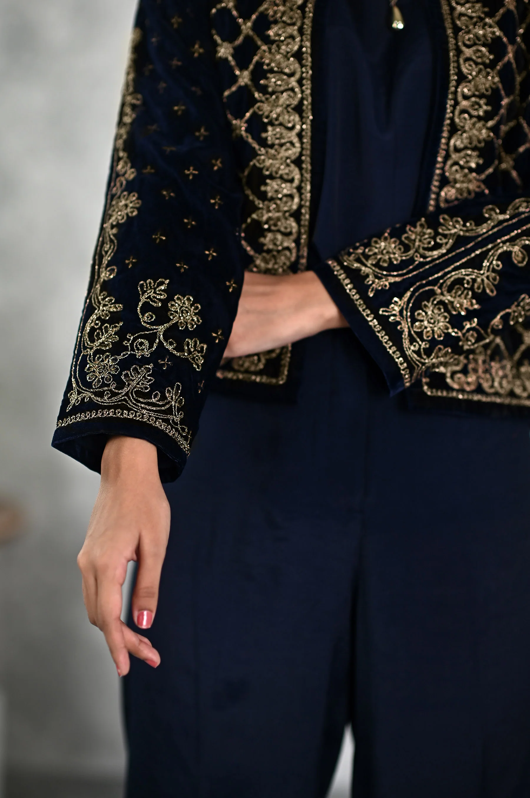 Stitched 1 Piece Embroidered Short Velvet Jacket - Image 5