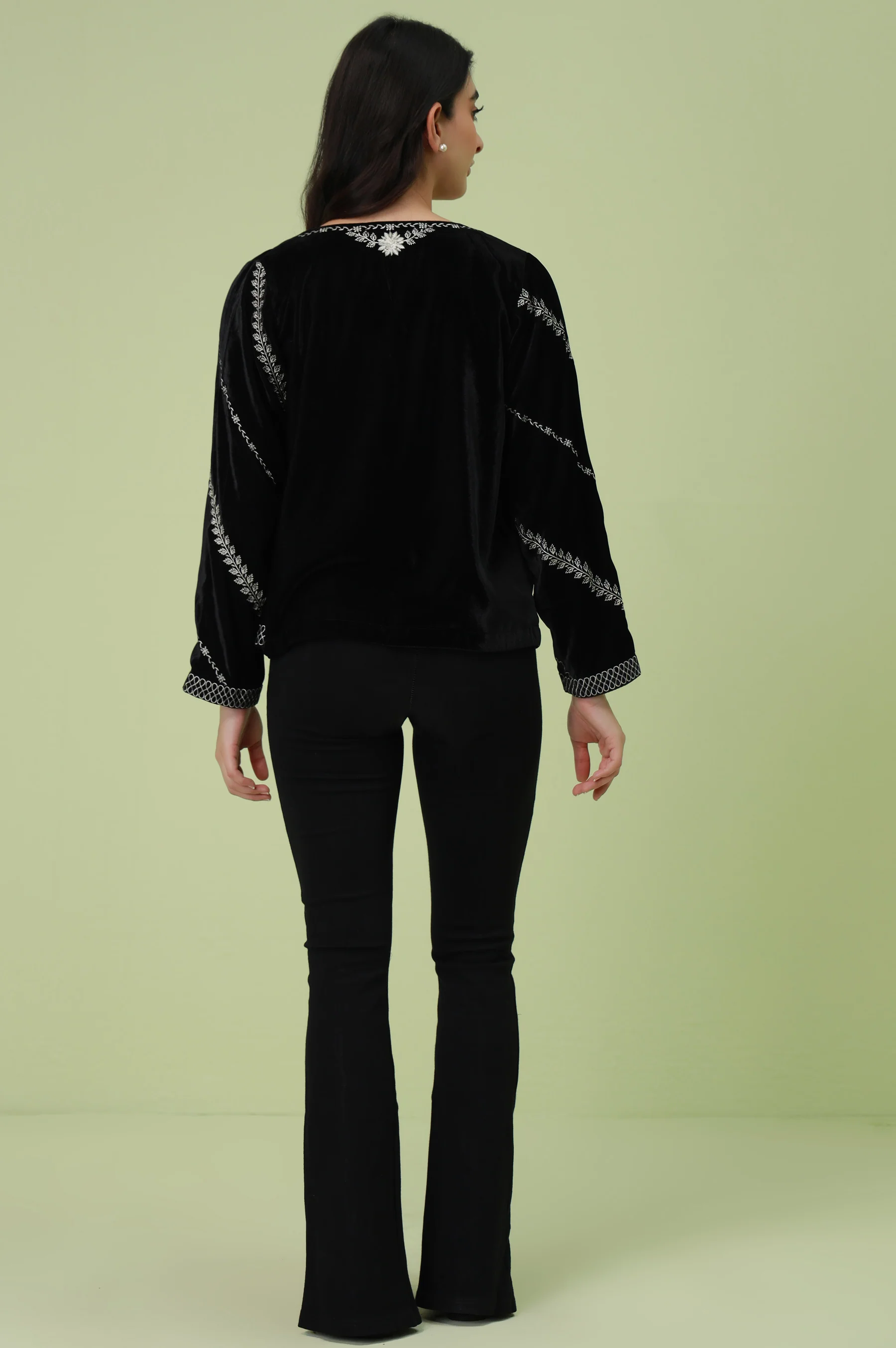 Stitched 1 Piece Embroidered Velvet Jacket - Black - Image 4