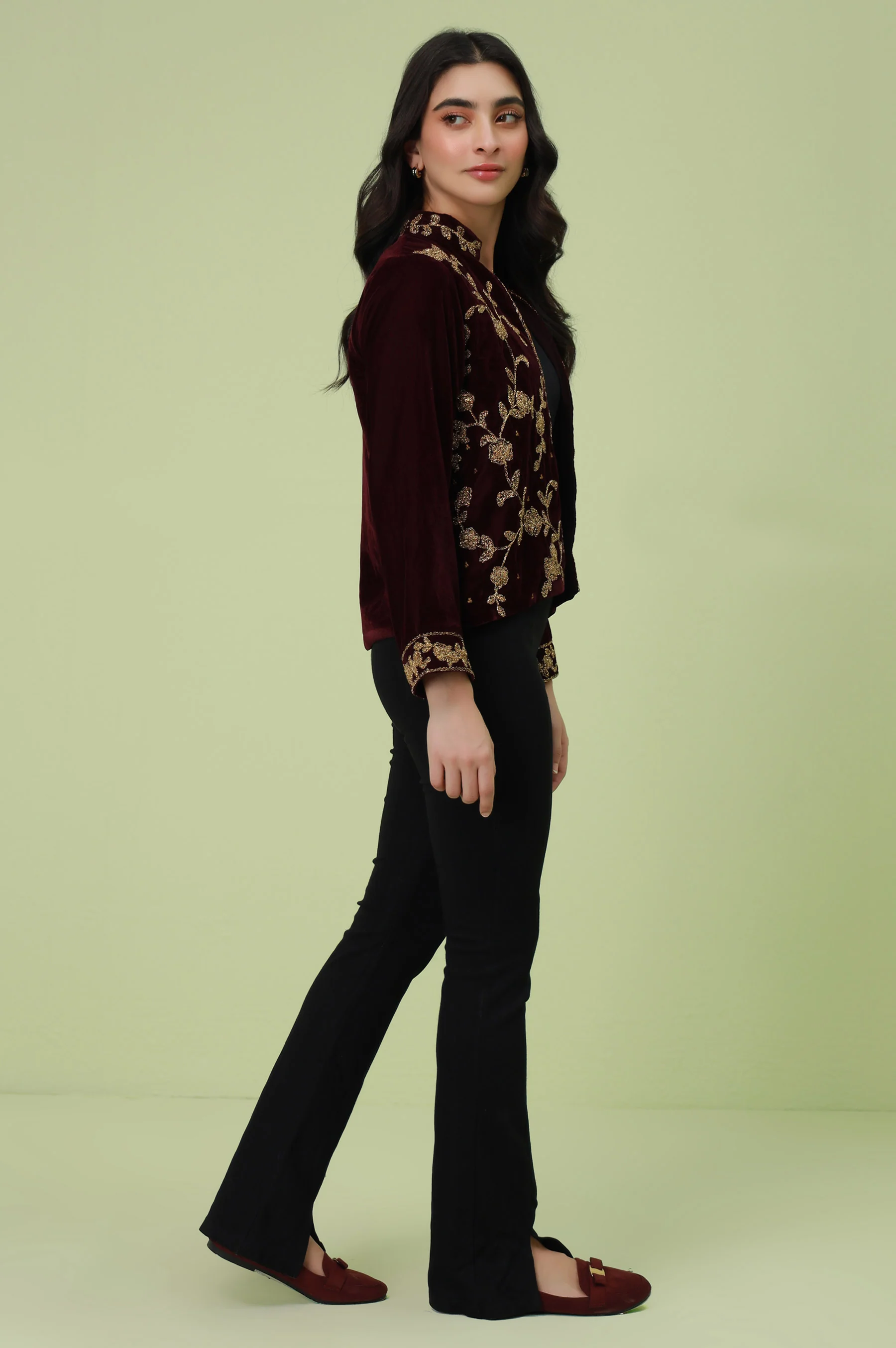 Stitched 1 Piece Embroidered Velvet Jacket - Maroon - Image 2