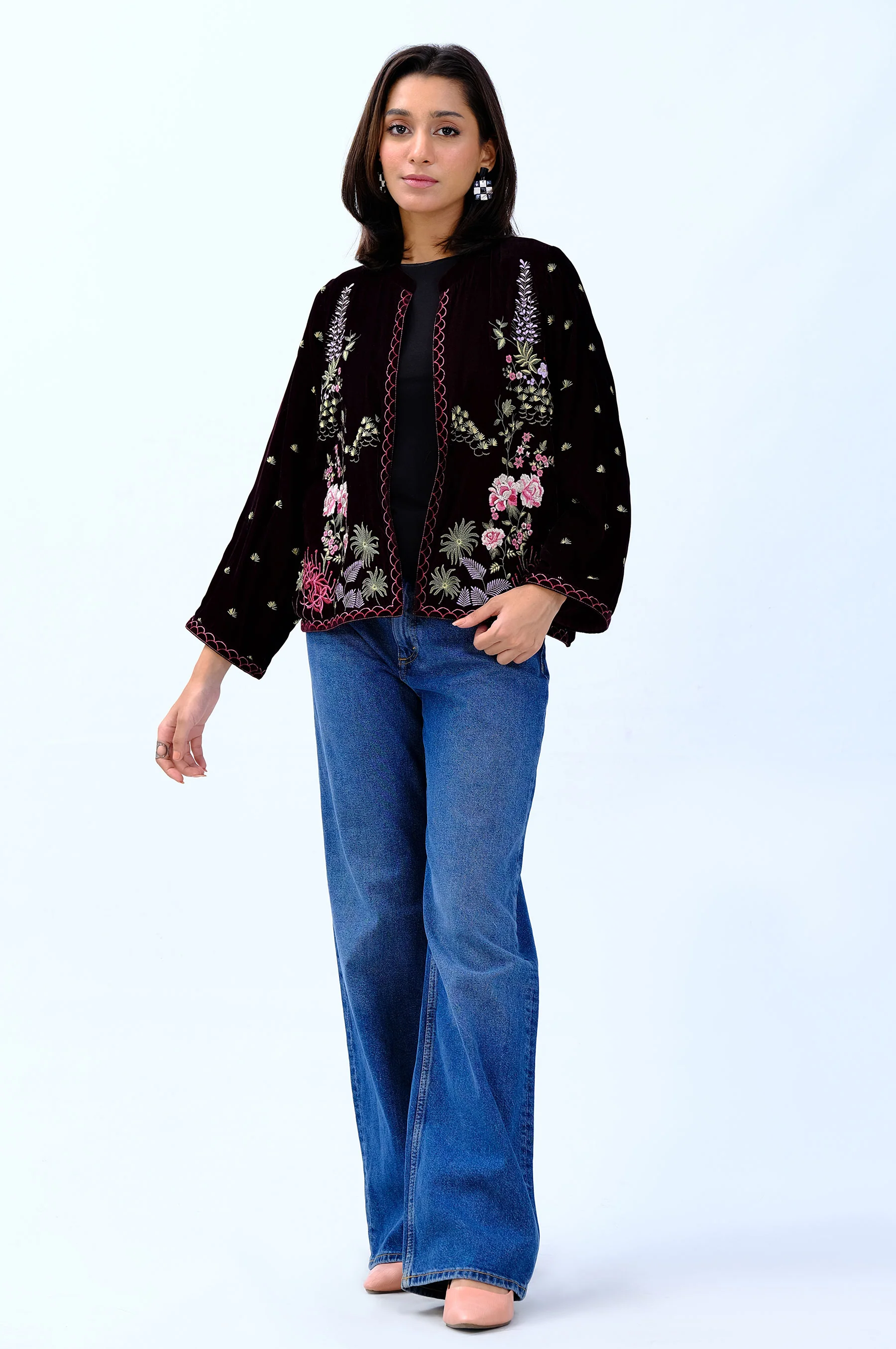 Stitched 1 Piece Embroidered Velvet Jacket - Image 2