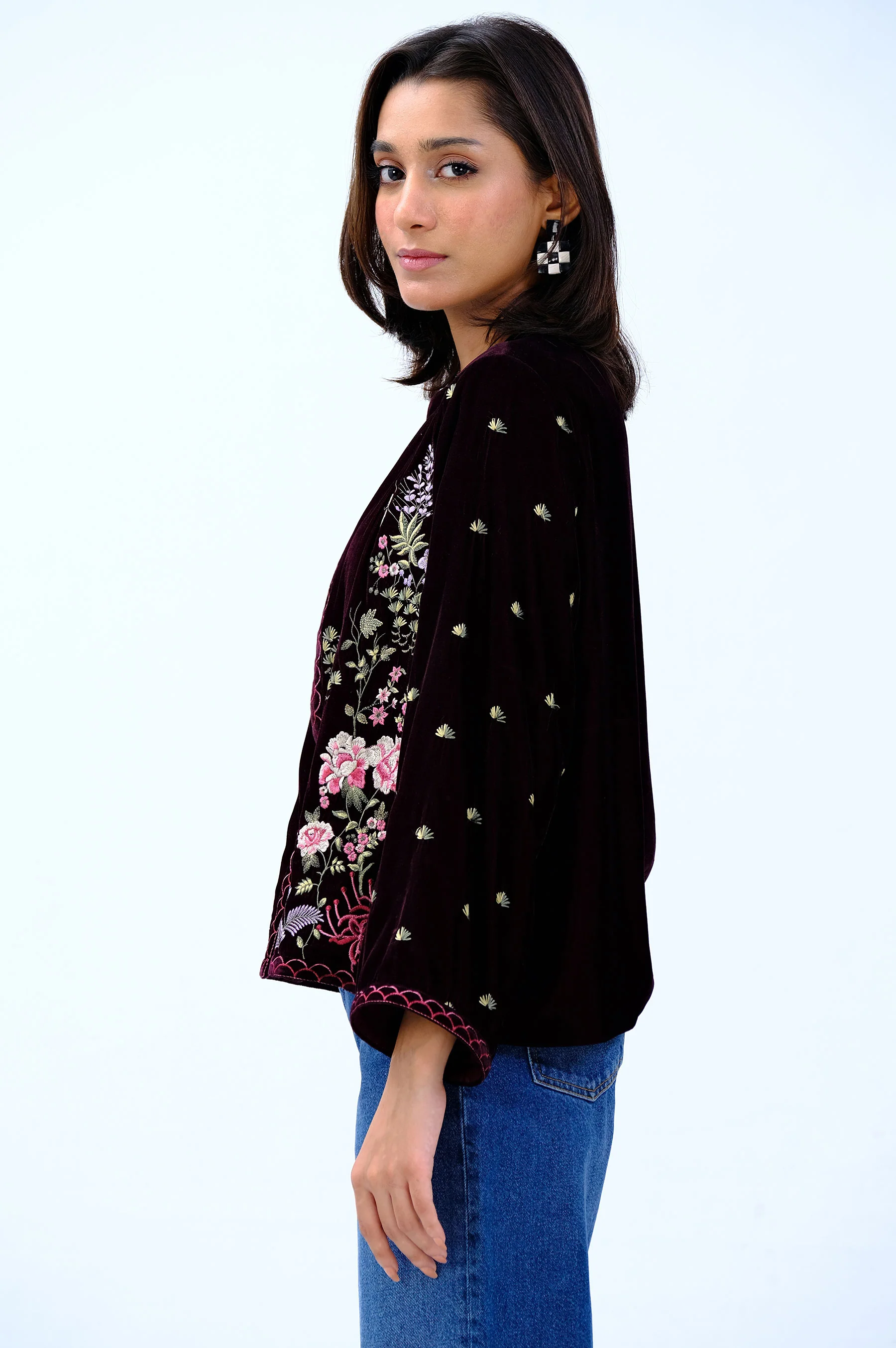 Stitched 1 Piece Embroidered Velvet Jacket - Image 3
