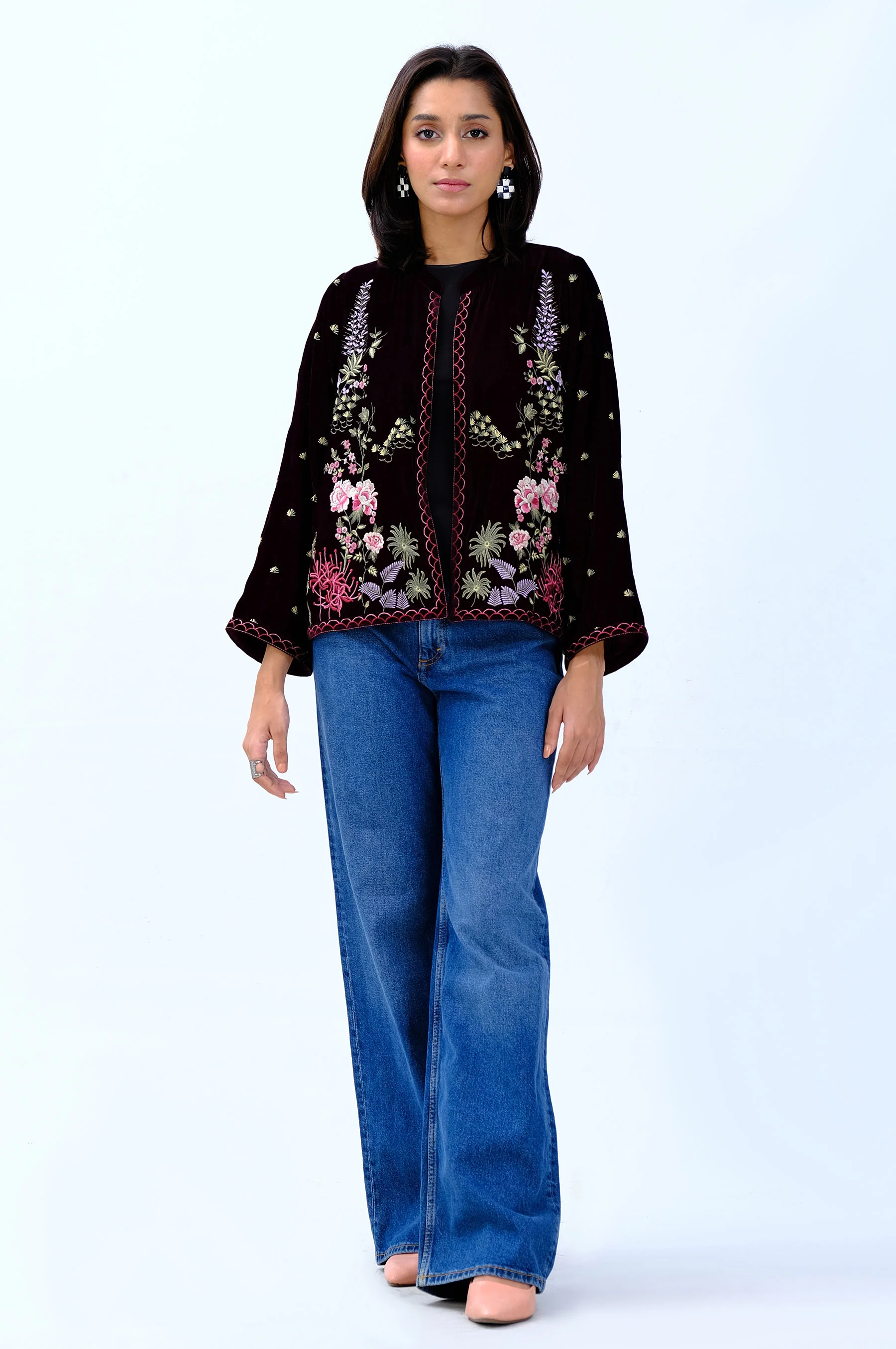 Stitched 1 Piece Embroidered Velvet Jacket - Image 4