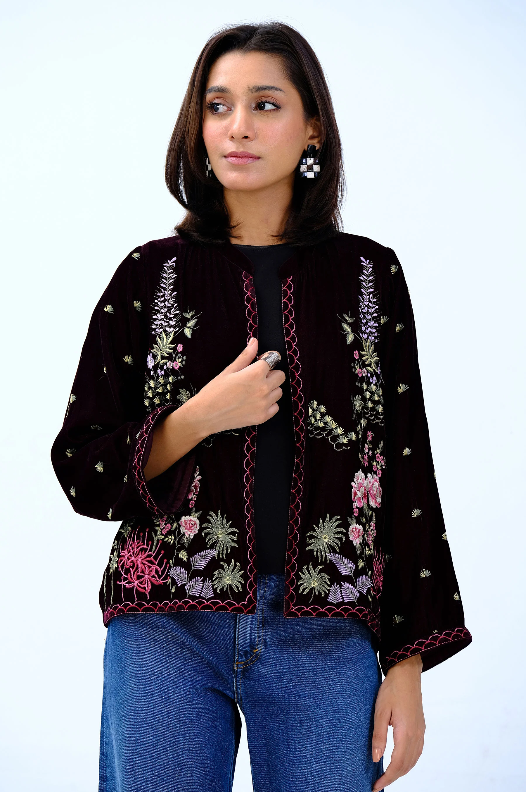 Stitched 1 Piece Embroidered Velvet Jacket - Image 6