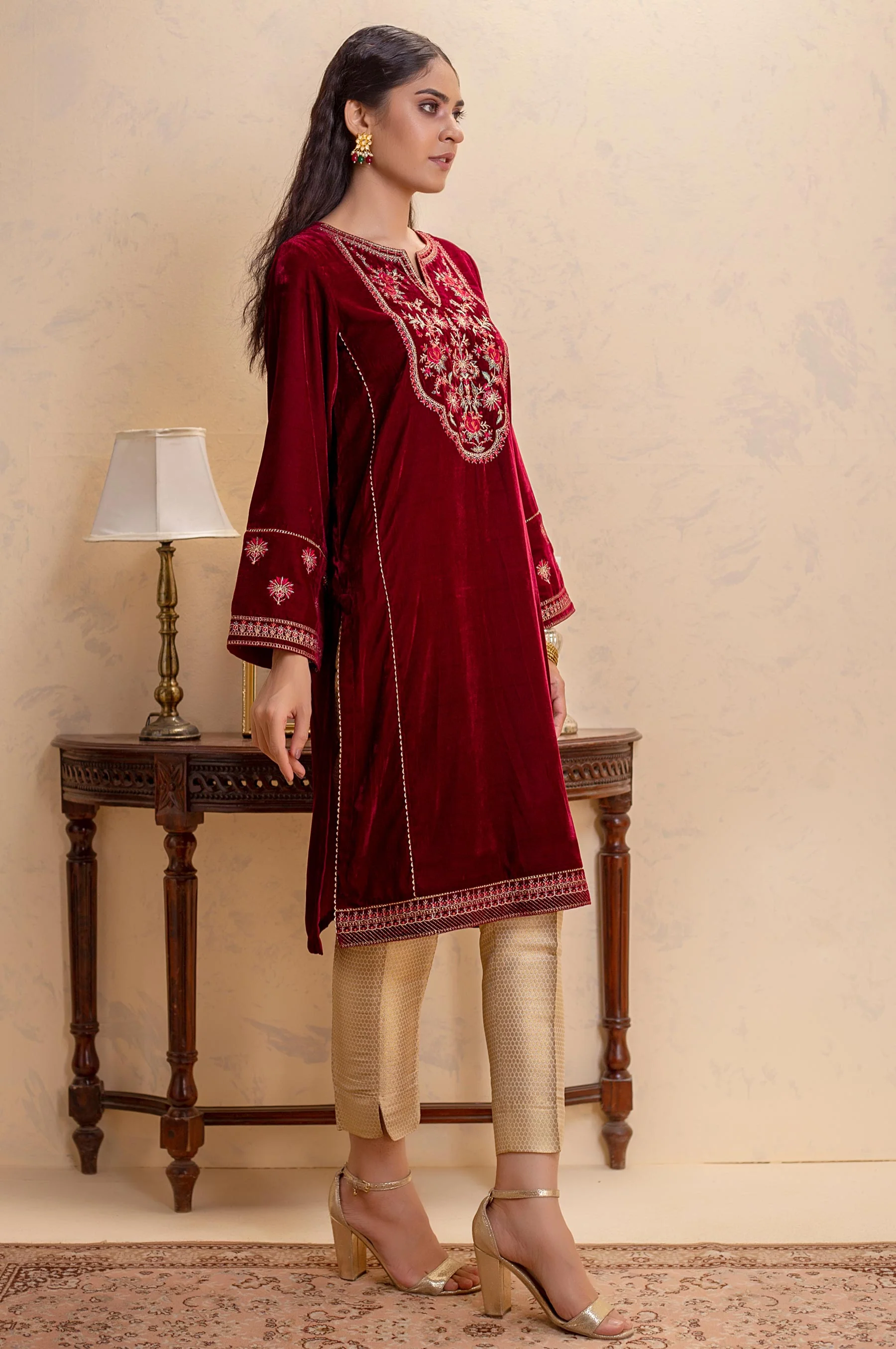 Stitched 1 Piece Velvet Embroidered Shirt - Image 2