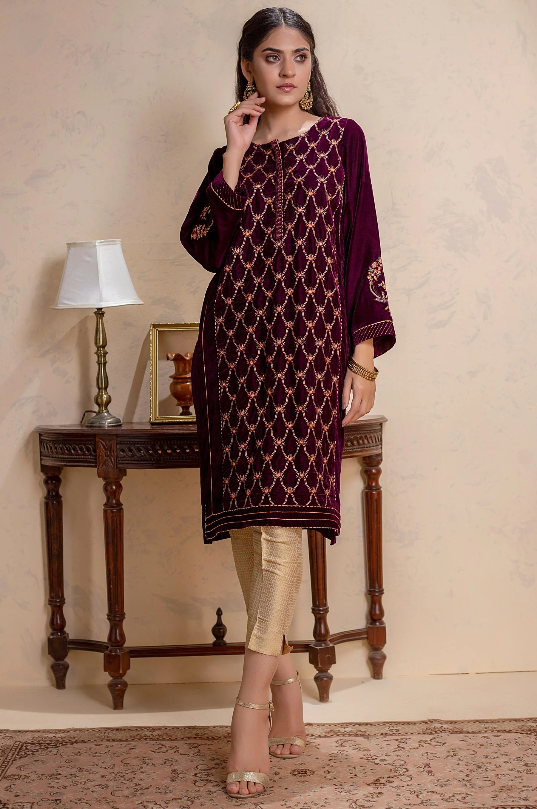 Stitched 1 Piece Velvet Embroidered Shirt