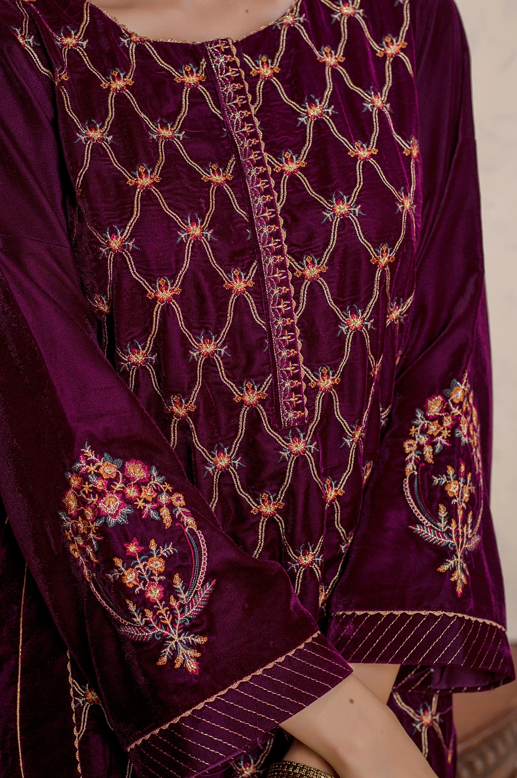 Stitched 1 Piece Velvet Embroidered Shirt - Image 4