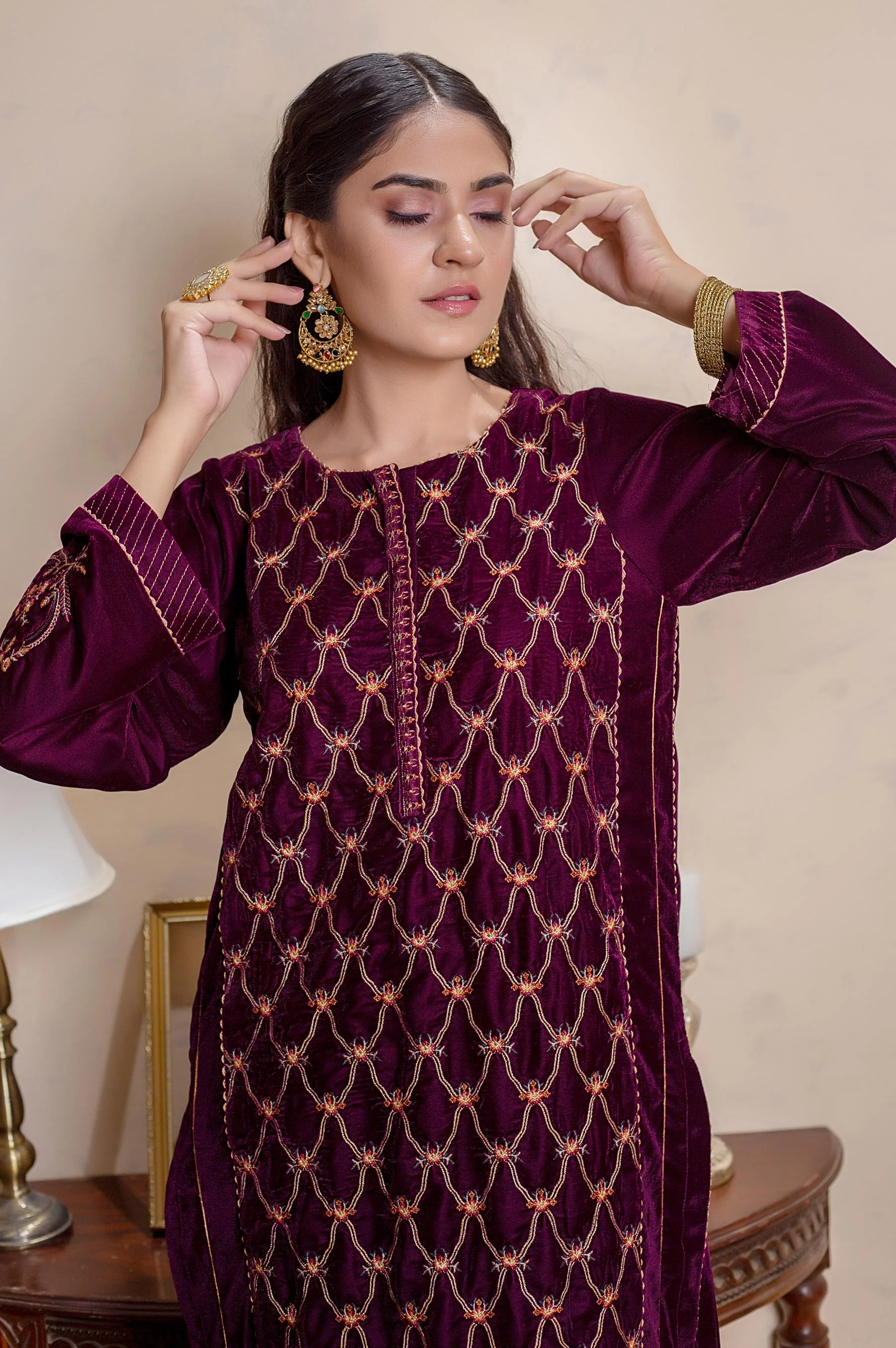 Stitched 1 Piece Velvet Embroidered Shirt - Image 5