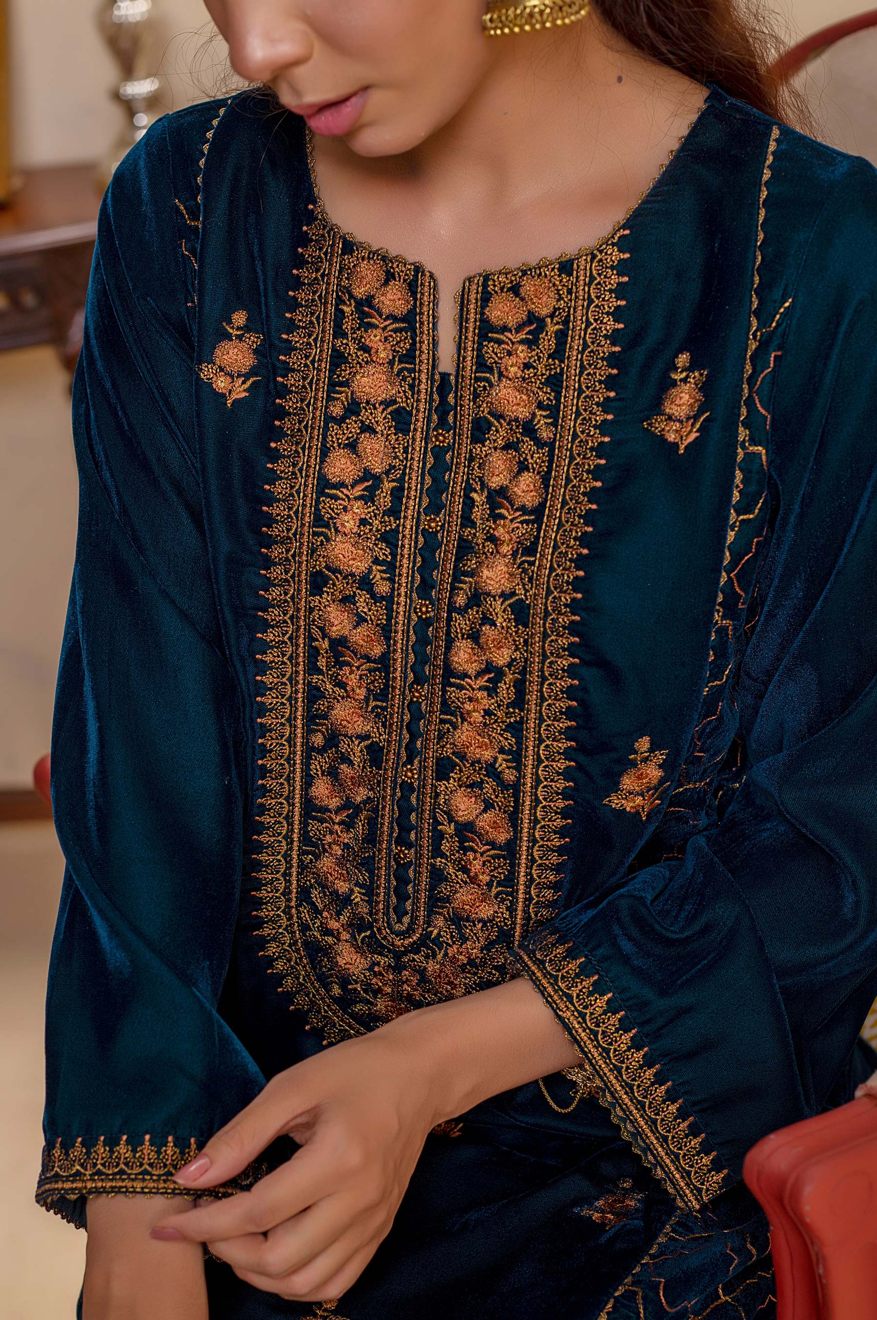 Stitched 1 Piece Velvet Embroidered Shirt - Image 4