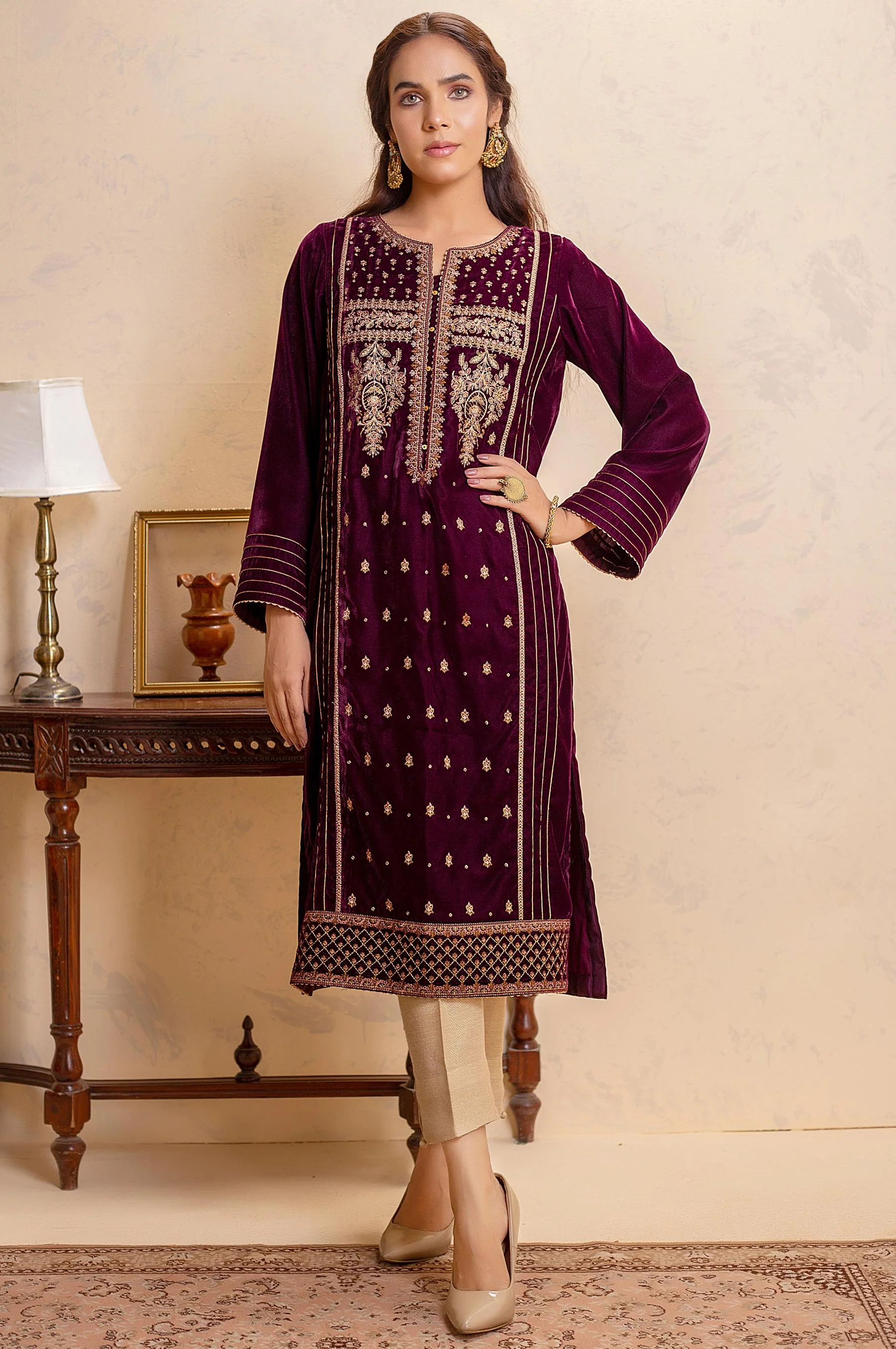Stitched 1 Piece Velvet Embroidered Shirt