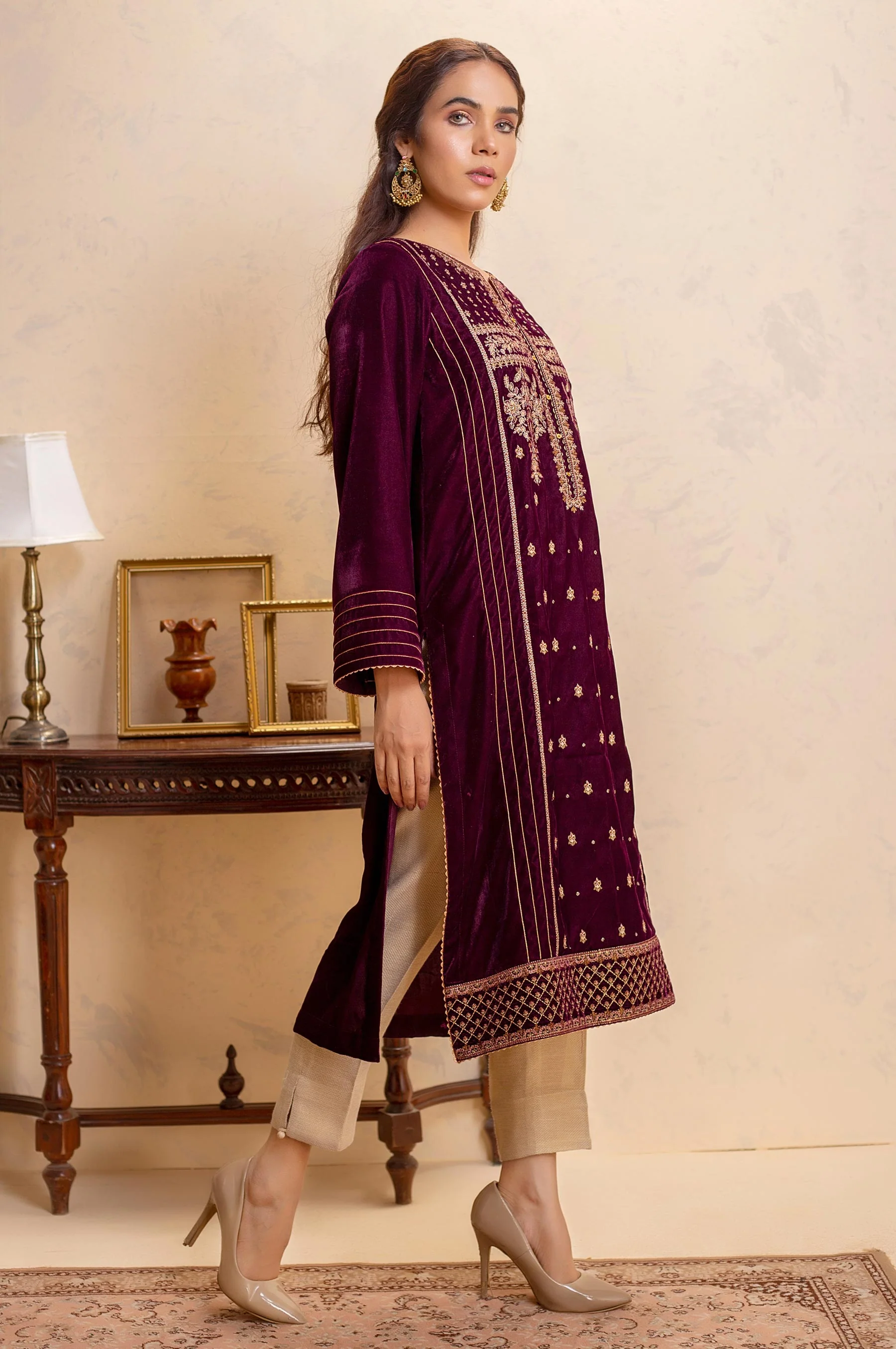 Stitched 1 Piece Velvet Embroidered Shirt - Image 2