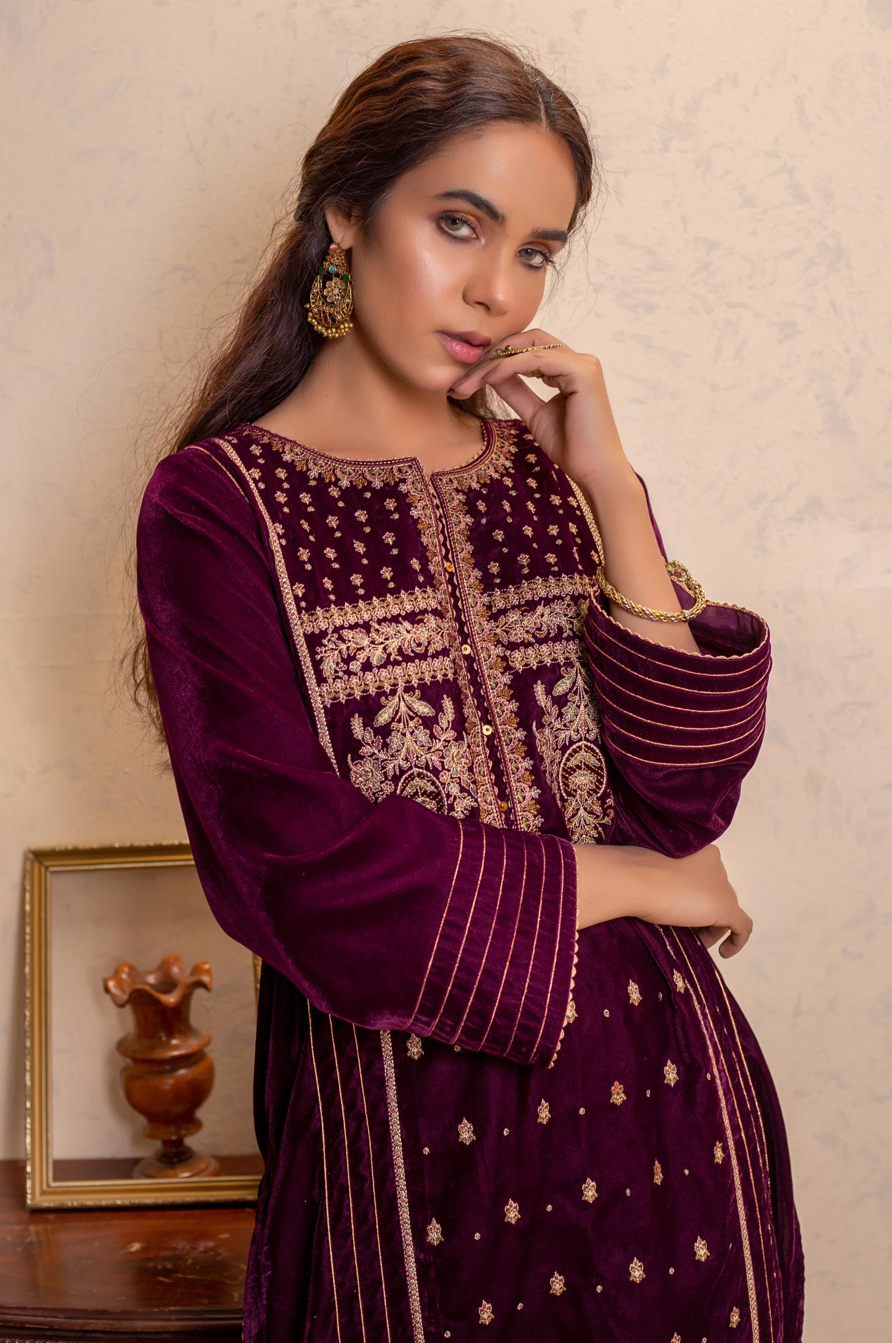 Stitched 1 Piece Velvet Embroidered Shirt - Image 3