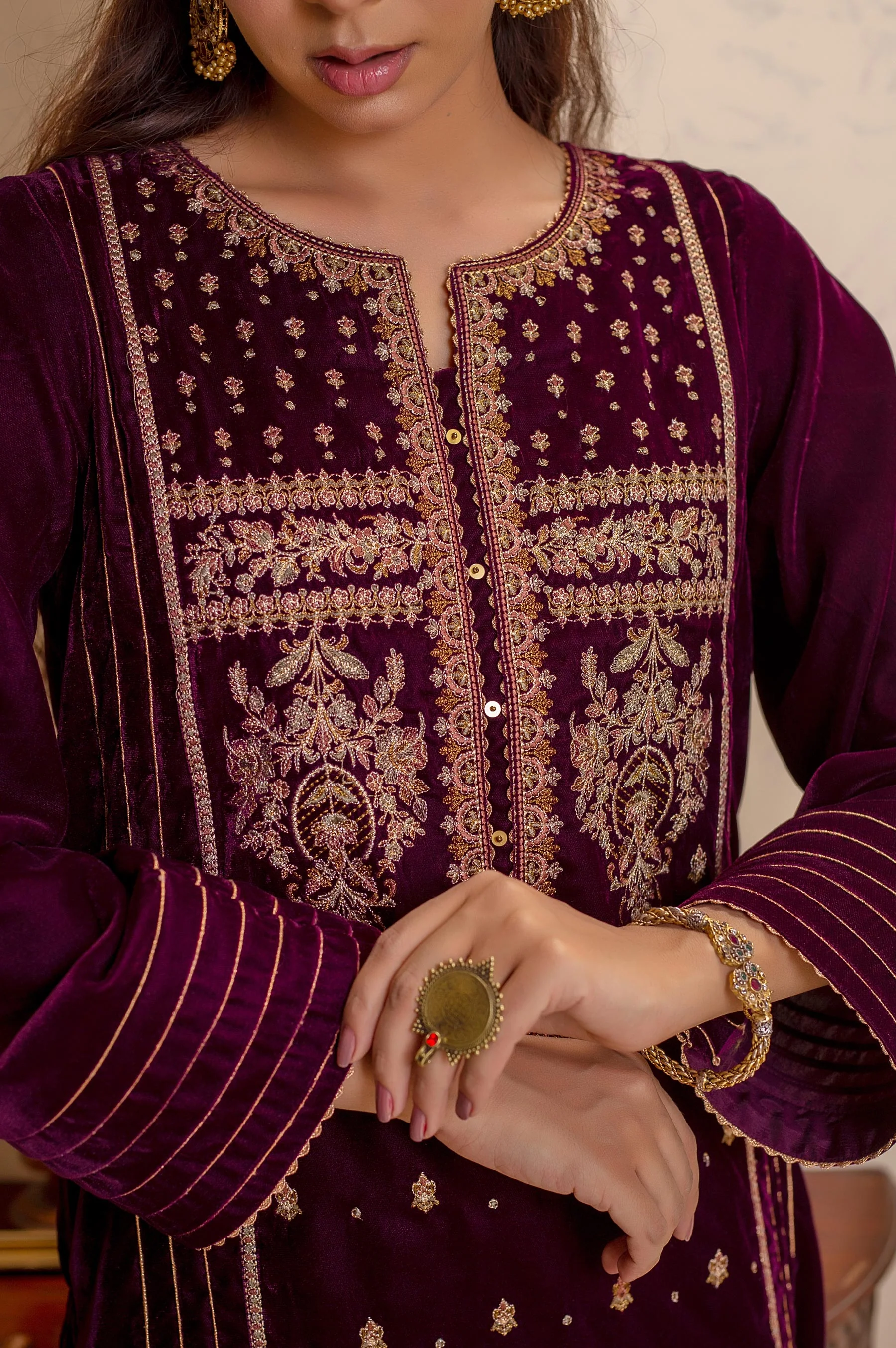 Stitched 1 Piece Velvet Embroidered Shirt - Image 4