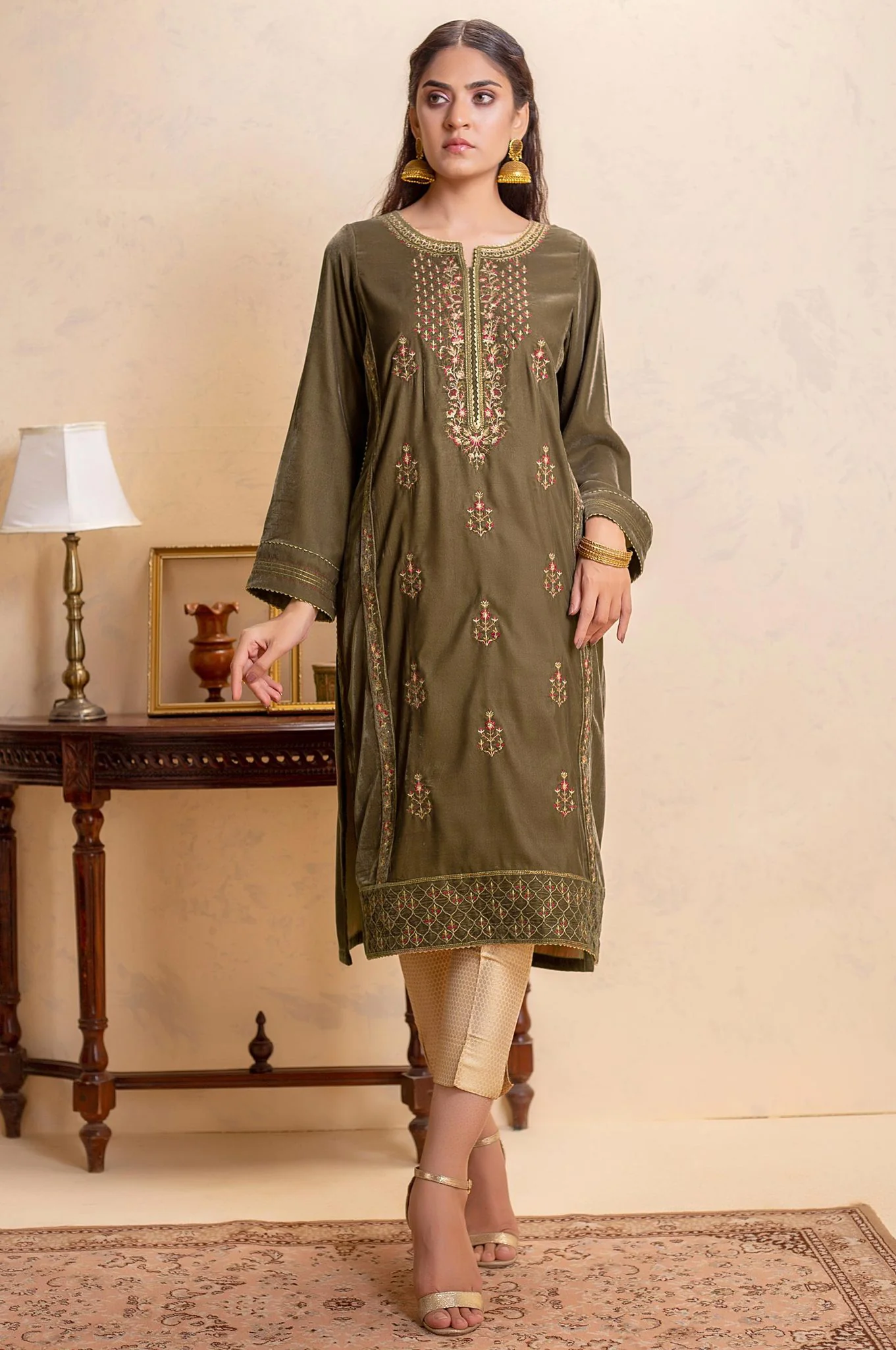 Stitched 1 Piece Velvet Embroidered Shirt - Image 2