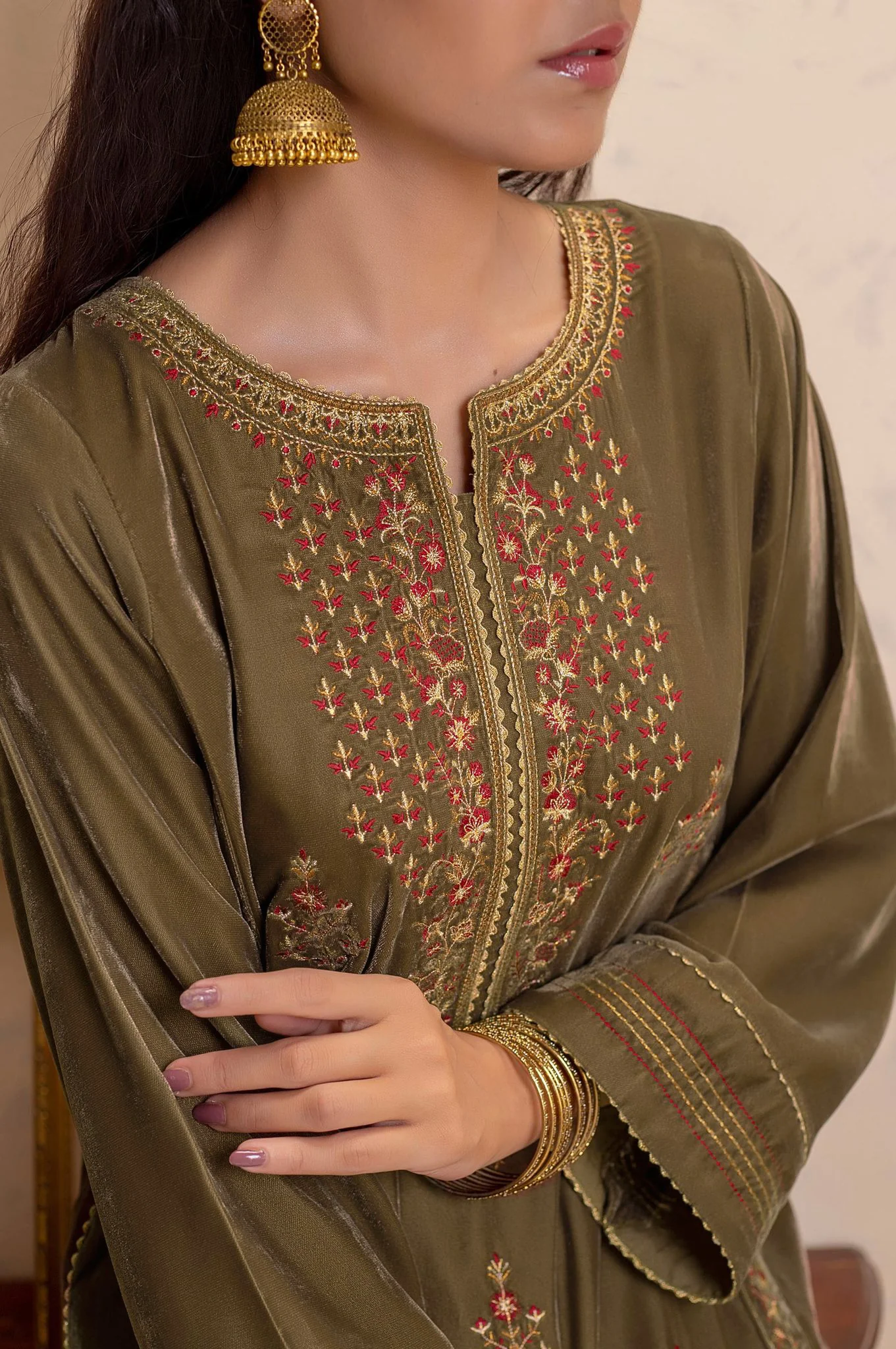 Stitched 1 Piece Velvet Embroidered Shirt - Image 5