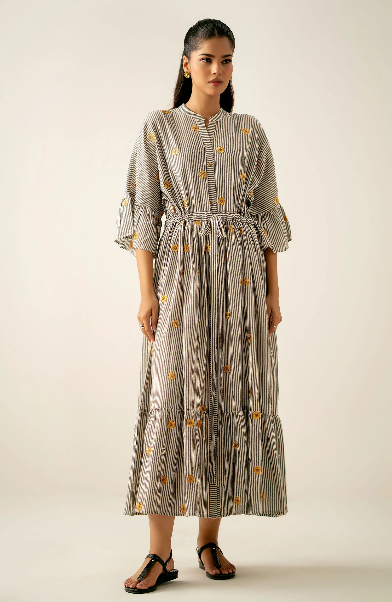 Stitched 1 Piece Embroidered Yarn Dyed Long Dress - Image 5