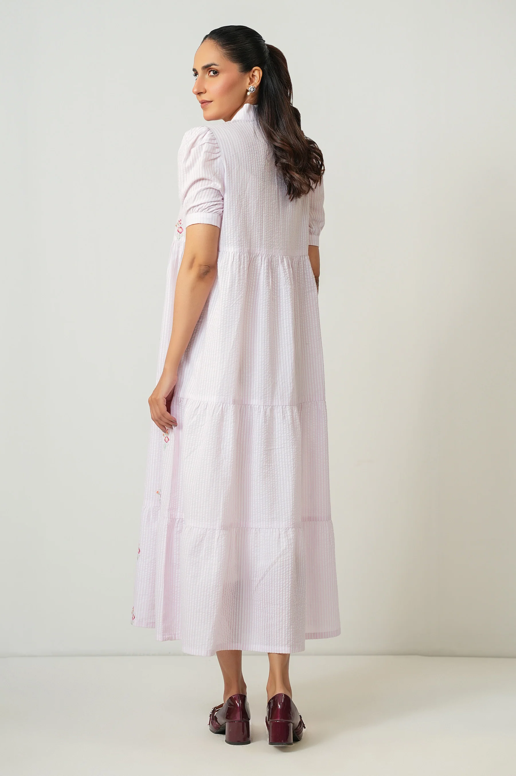 Stitched 1 Piece Embroidered Yarn Dyed Long Dress - Image 3