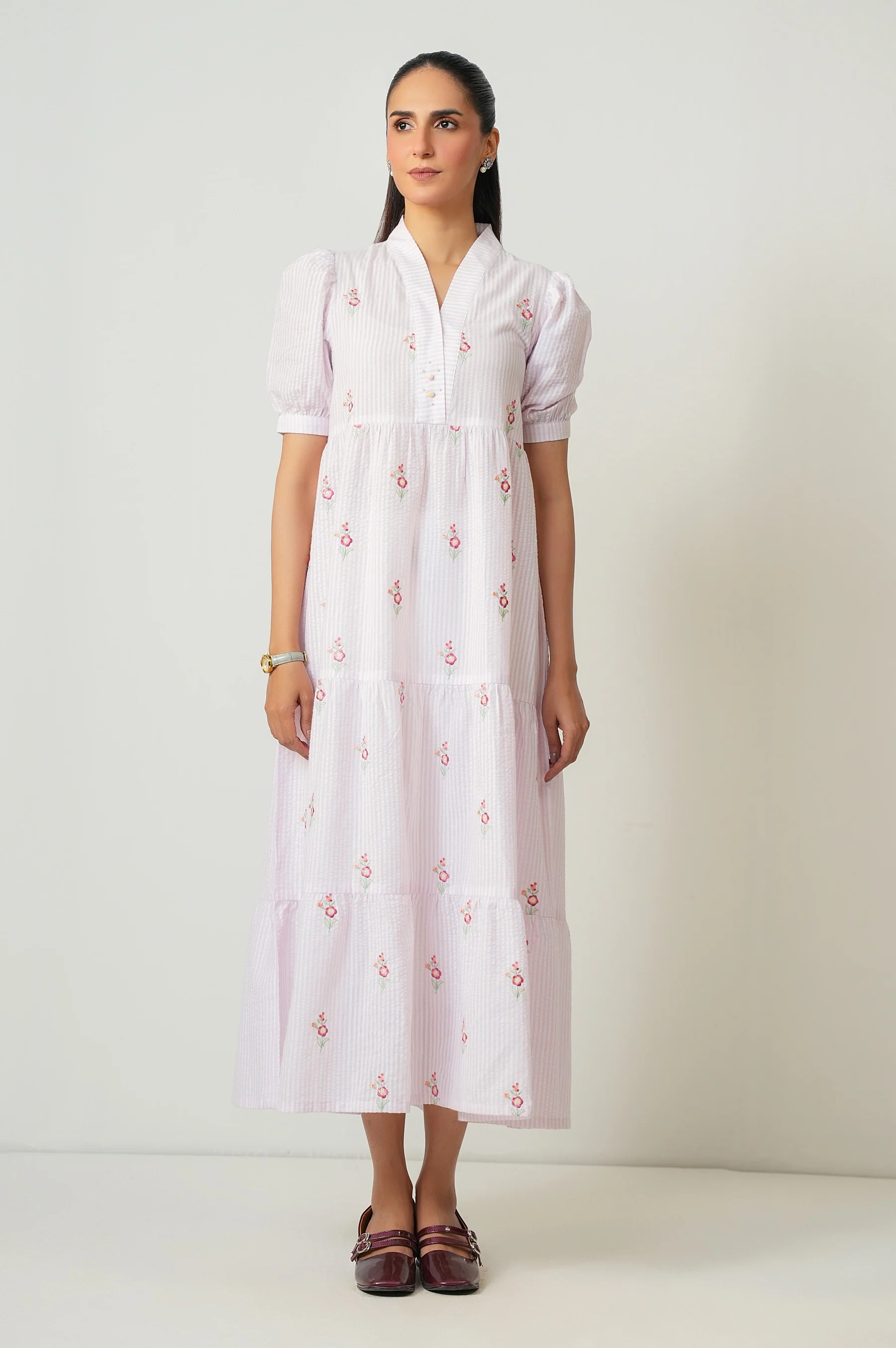 Stitched 1 Piece Embroidered Yarn Dyed Long Dress - Image 4