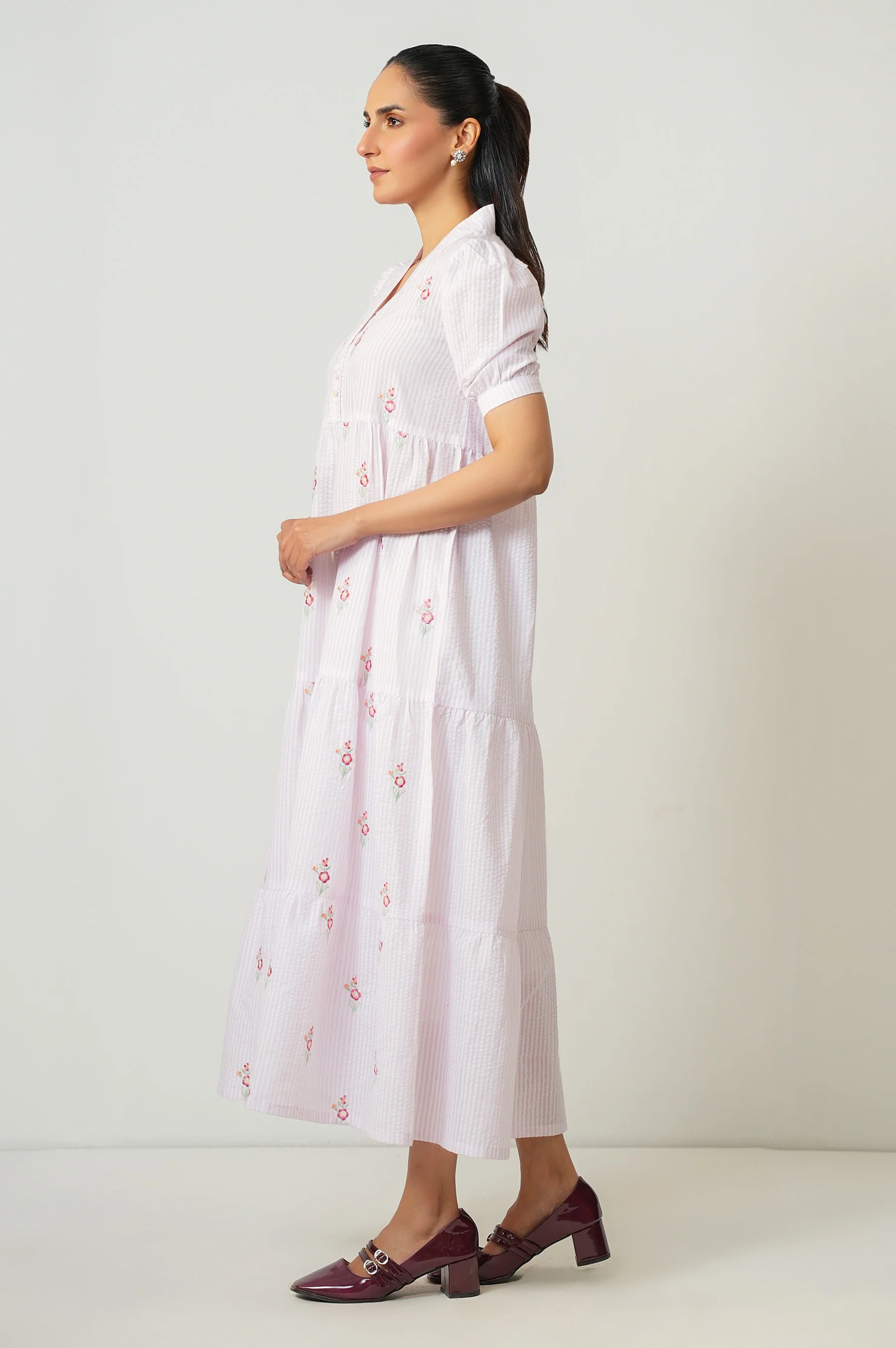 Stitched 1 Piece Embroidered Yarn Dyed Long Dress - Image 6