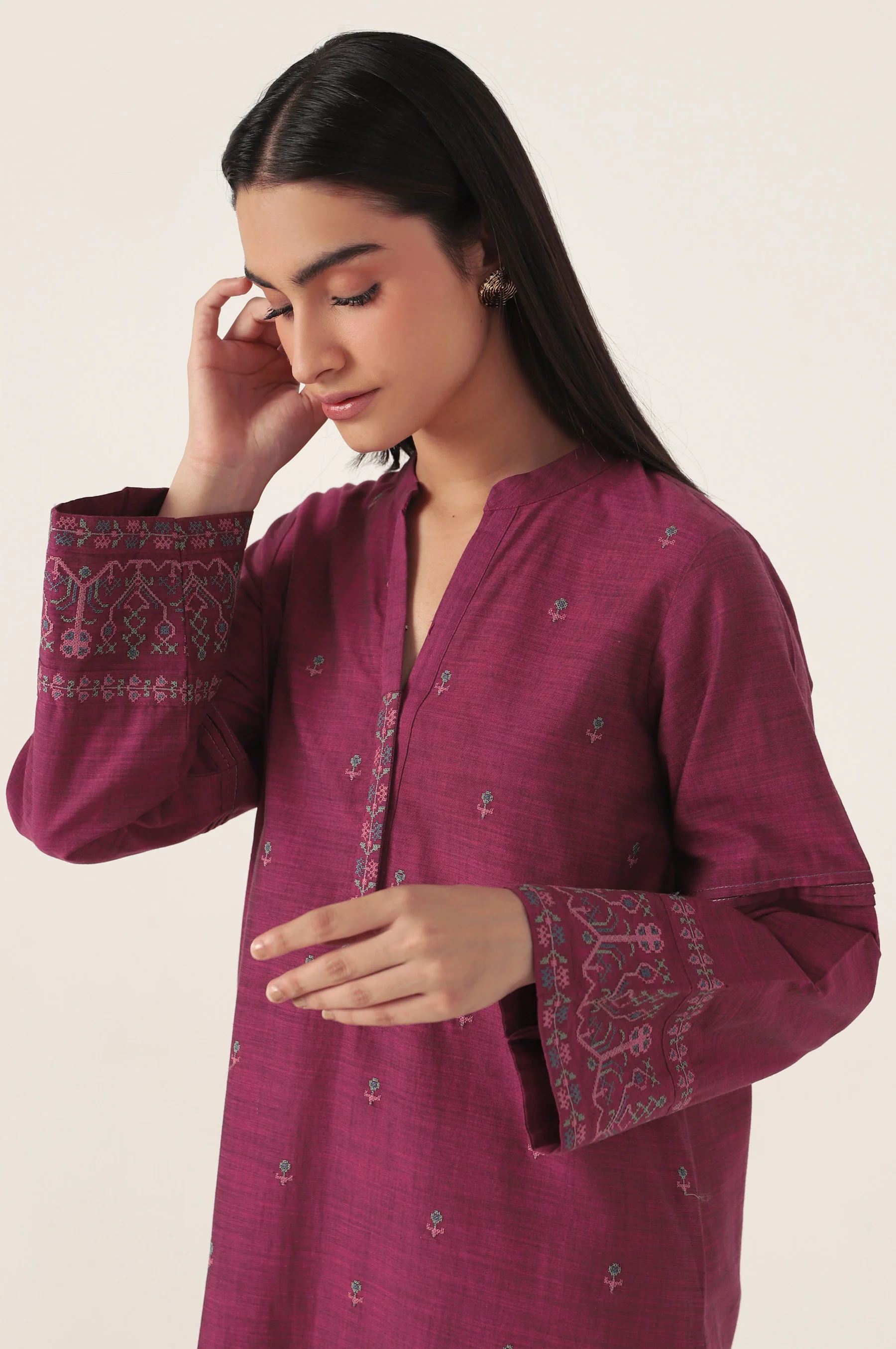 Stitched 1 Piece Embroidered Yarn Dyed Shirt - Image 4