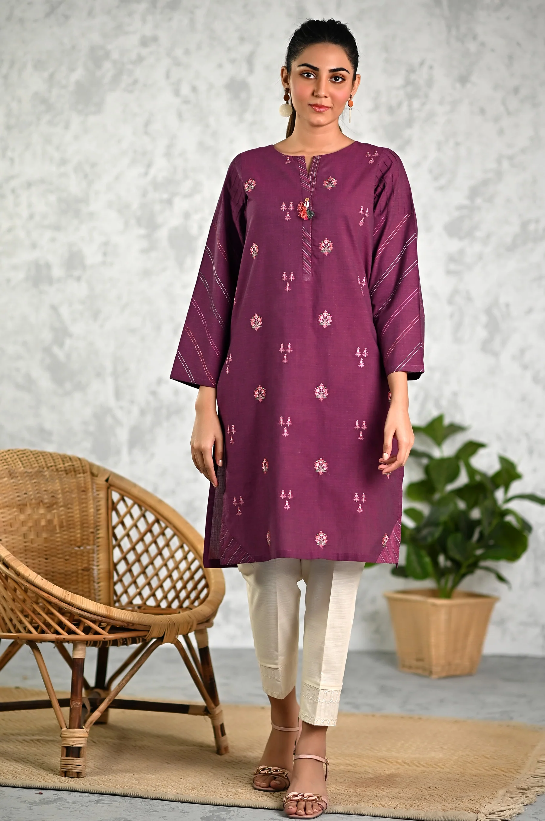 Stitched 1 Piece Embroidered Yarn Dyed Textured Shirt - Image 4