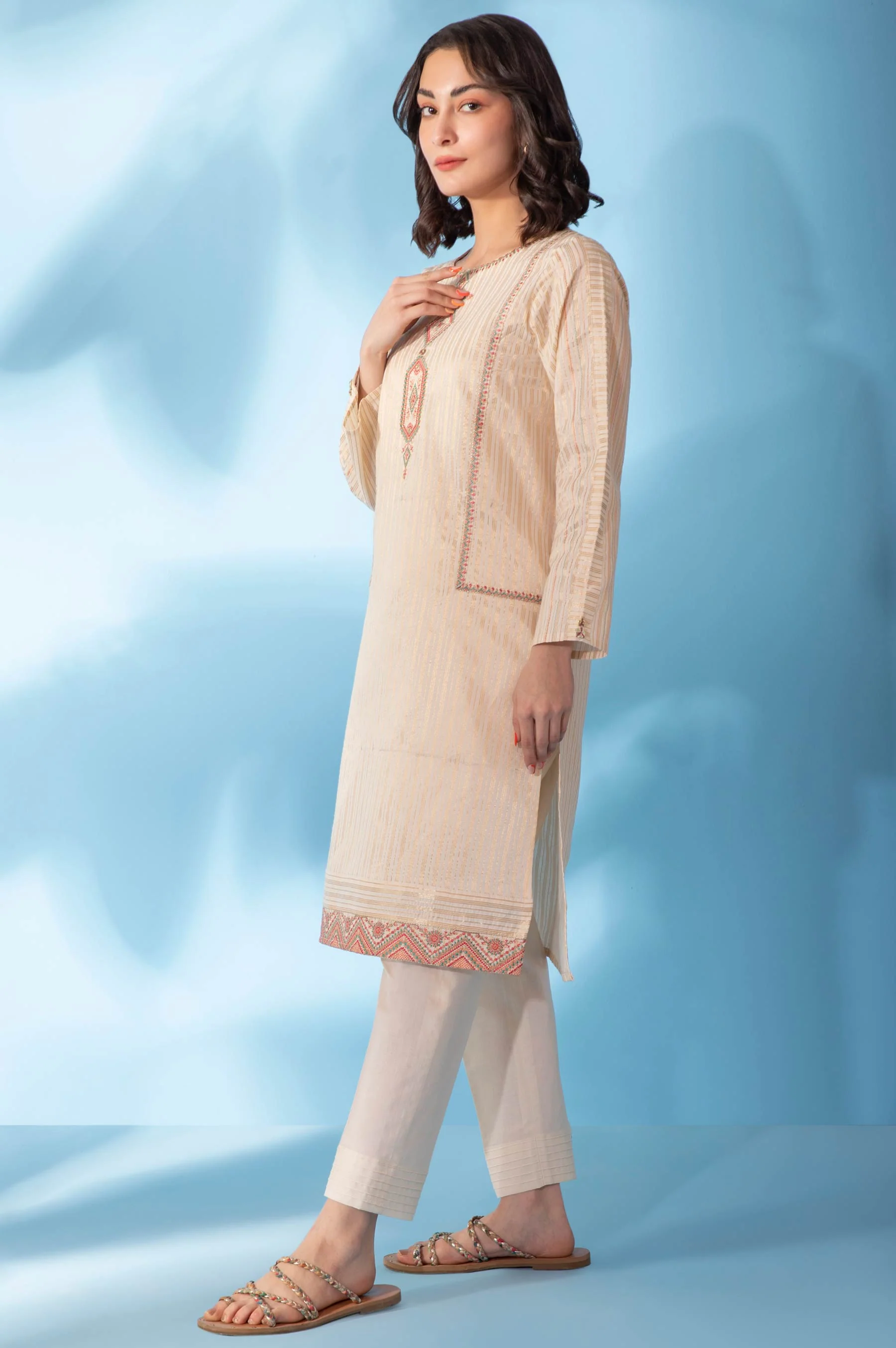 Stitched 1 Piece Embroidered Zari Shirt - Image 5