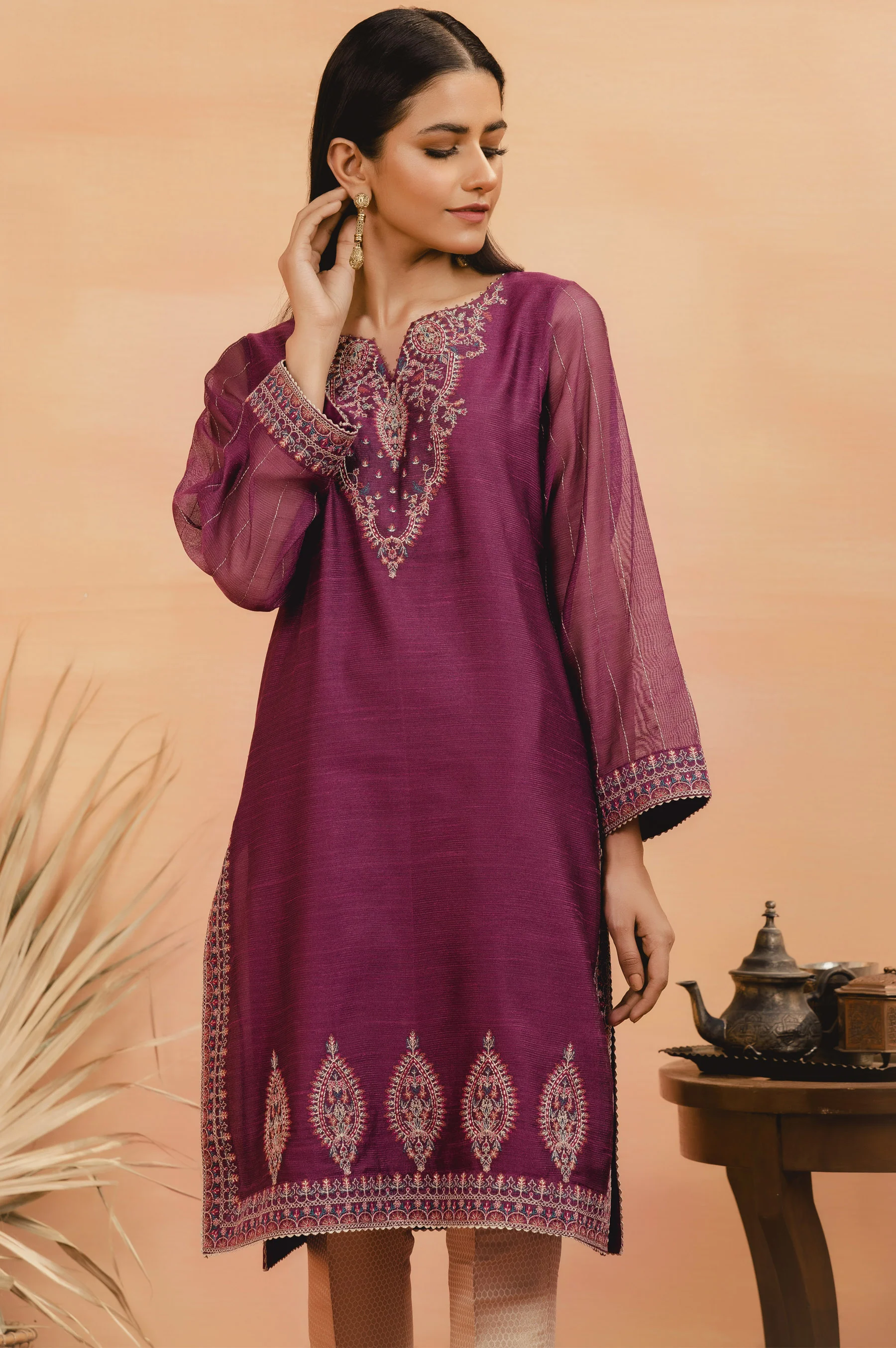 Stitched 1 Piece Khaddi Net Embroidered Shirt - Image 3