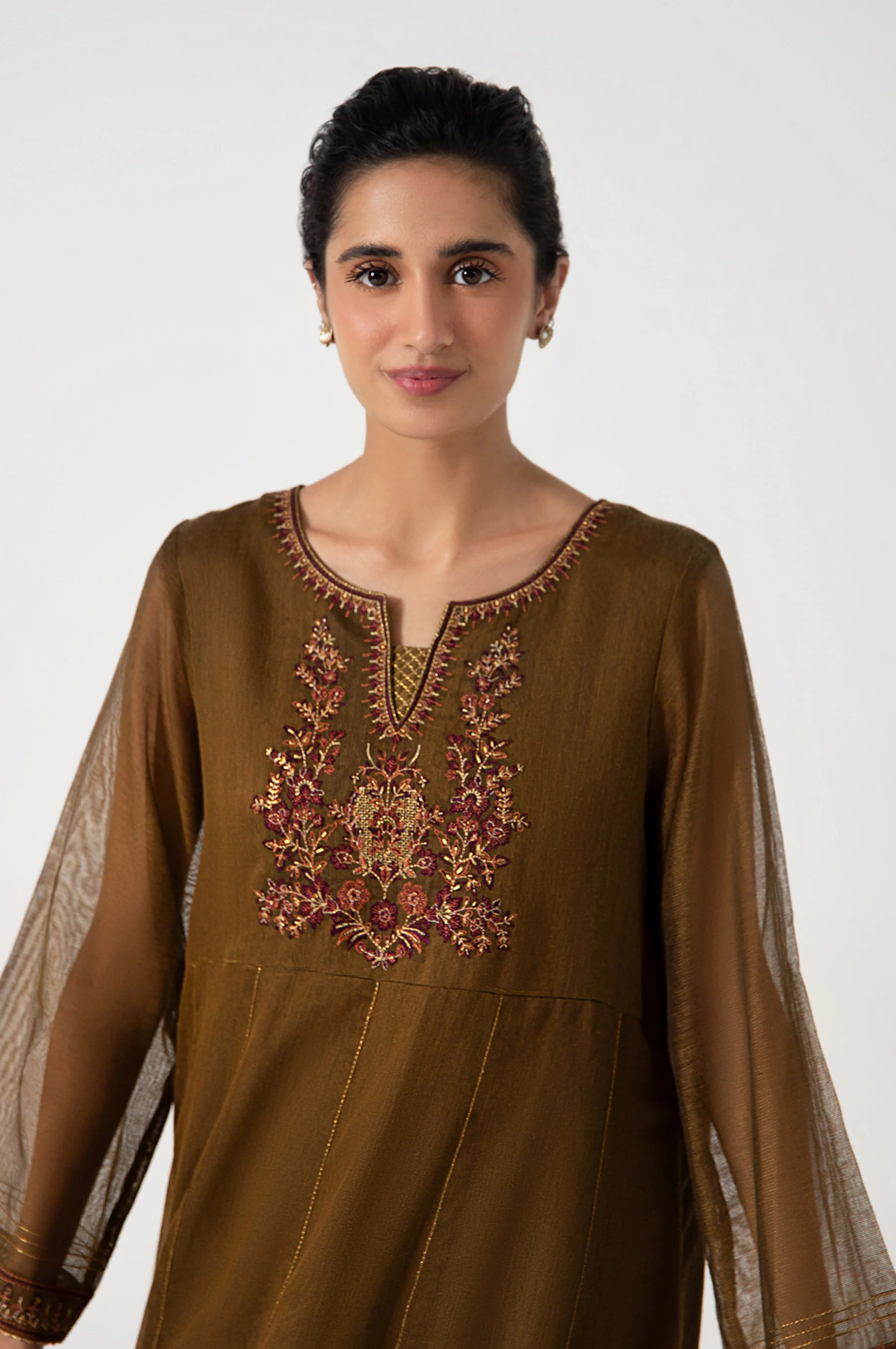 Stitched 1 Piece Embroidered Khaddi Net Shirt - Image 3