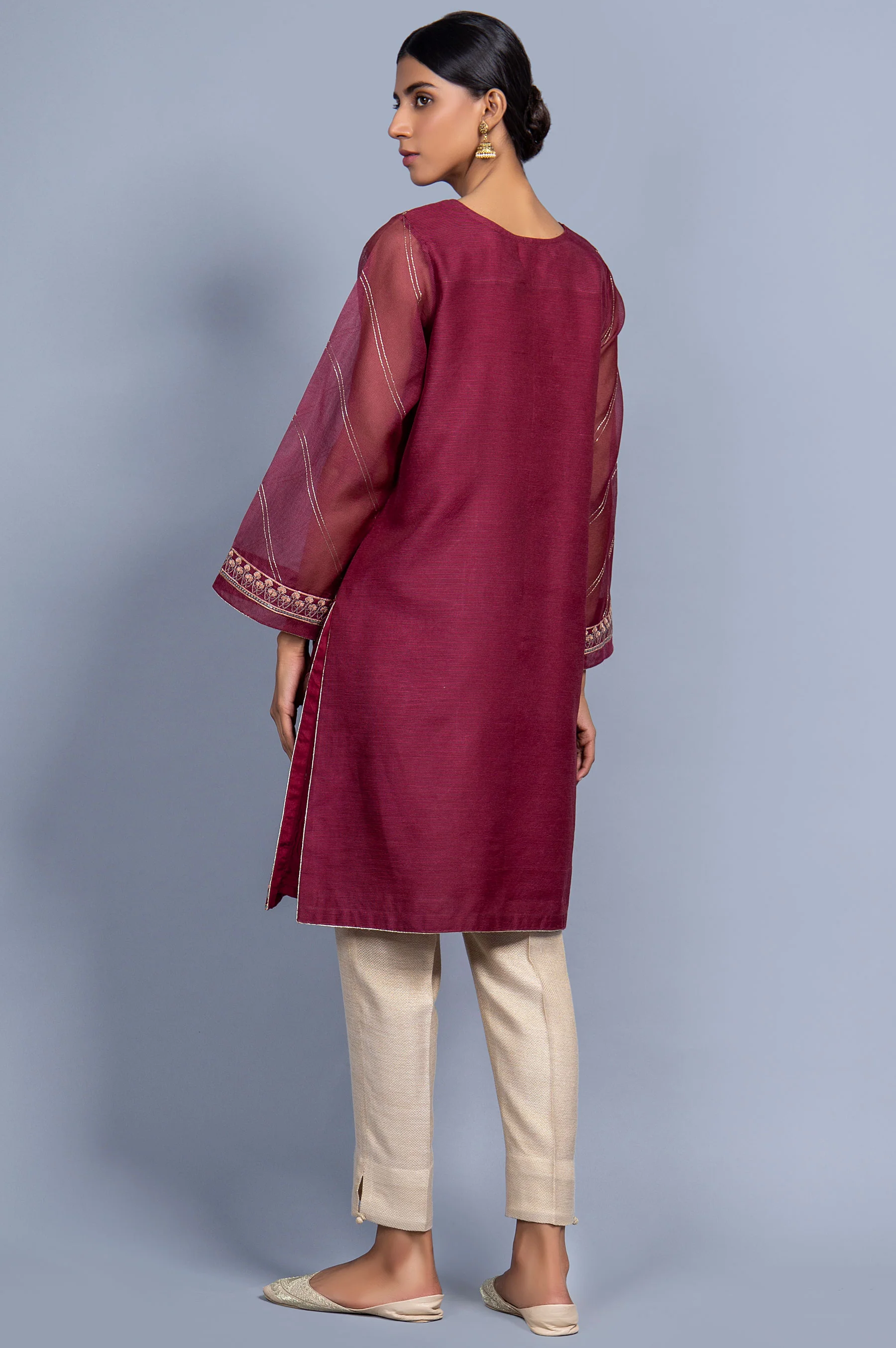 Stitched 1 Piece Organza Striped Embroidered Shirt - Image 2