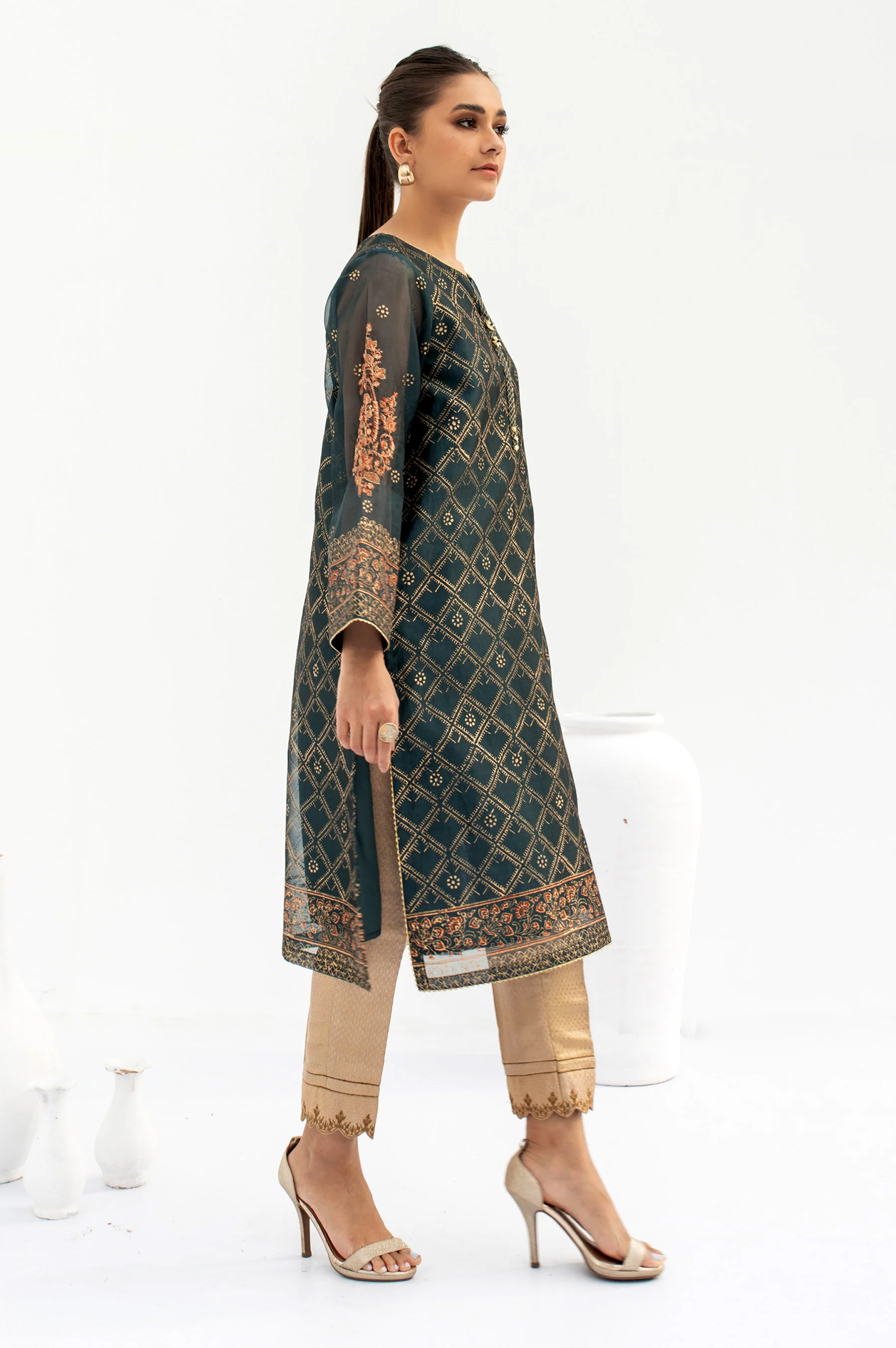 Stitched 1 Piece Block Printed Organza Shirt - Image 2
