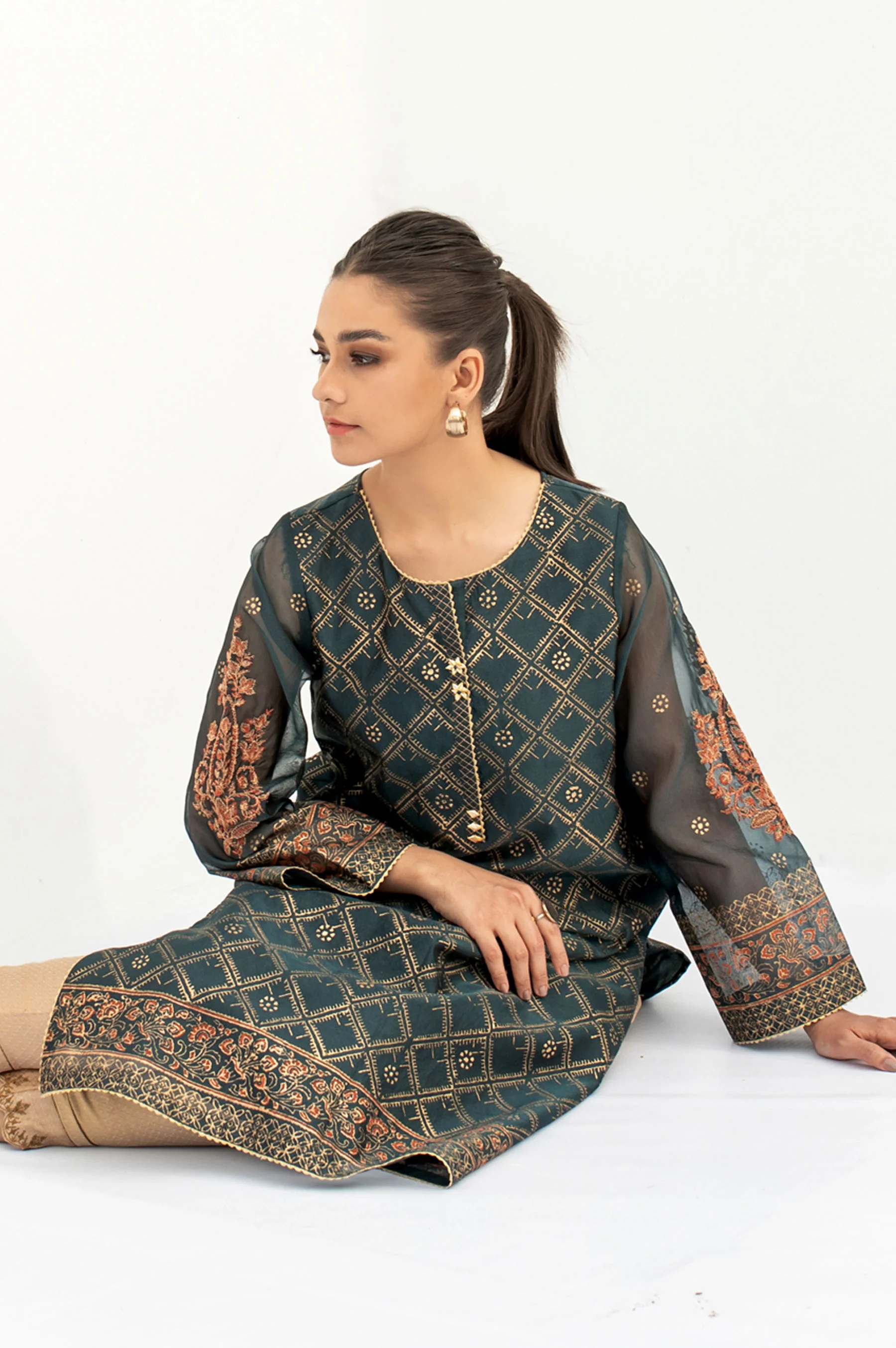 Stitched 1 Piece Block Printed Organza Shirt - Image 3