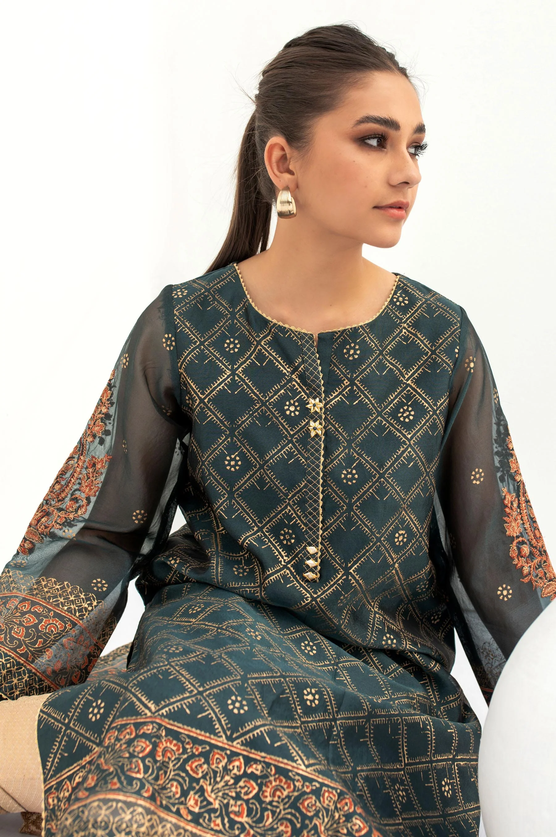 Stitched 1 Piece Block Printed Organza Shirt - Image 4