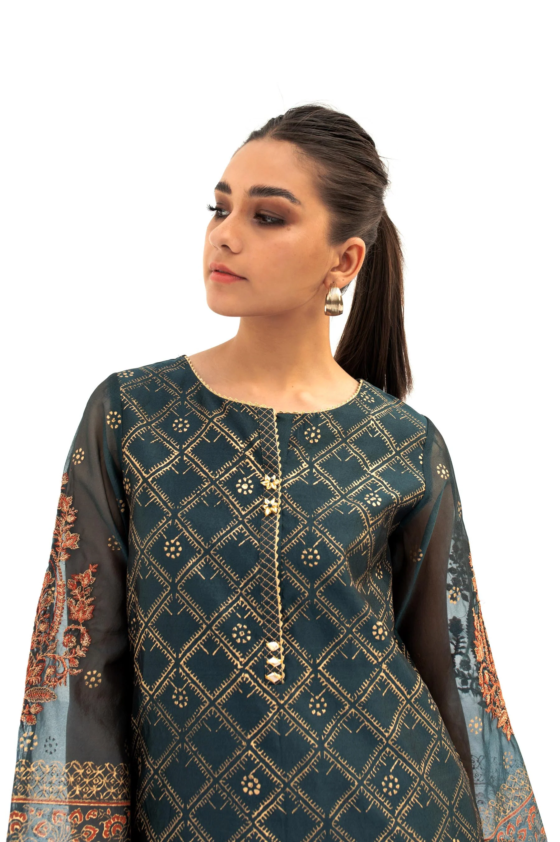 Stitched 1 Piece Block Printed Organza Shirt - Image 5
