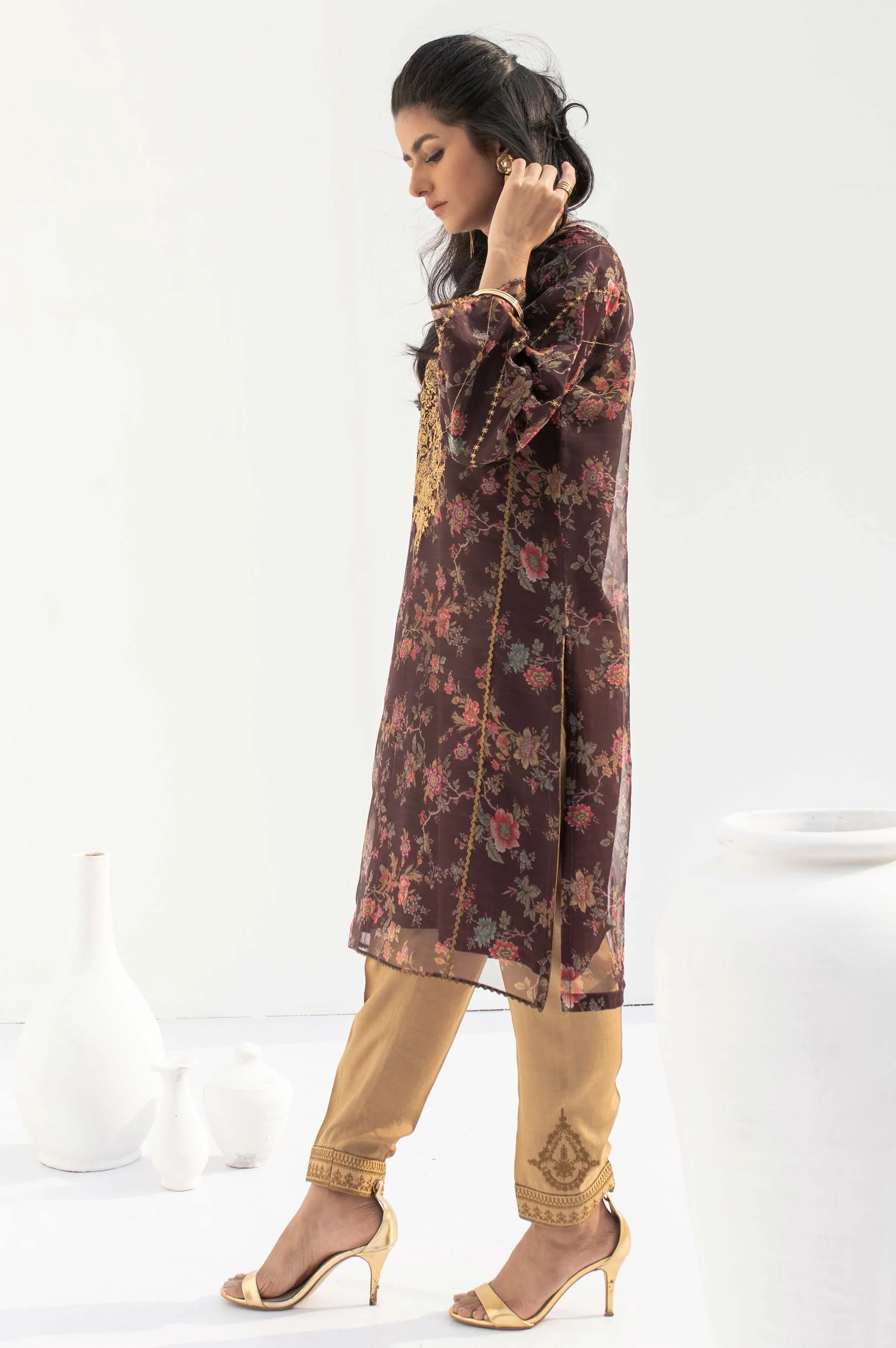Stitched 1 Piece Embroidered and Printed Organza Shirt - Image 3