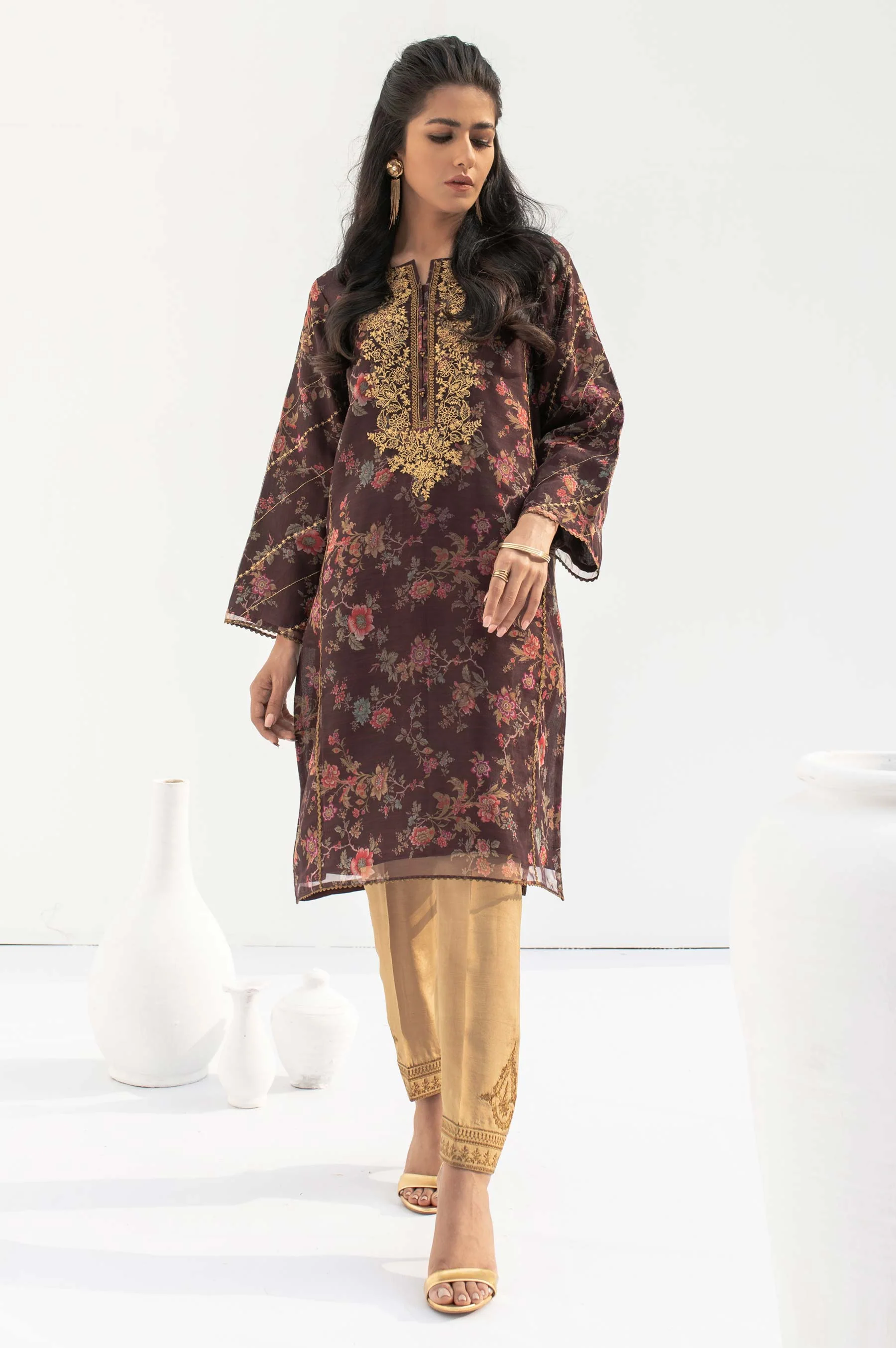 Stitched 1 Piece Embroidered and Printed Organza Shirt - Image 4
